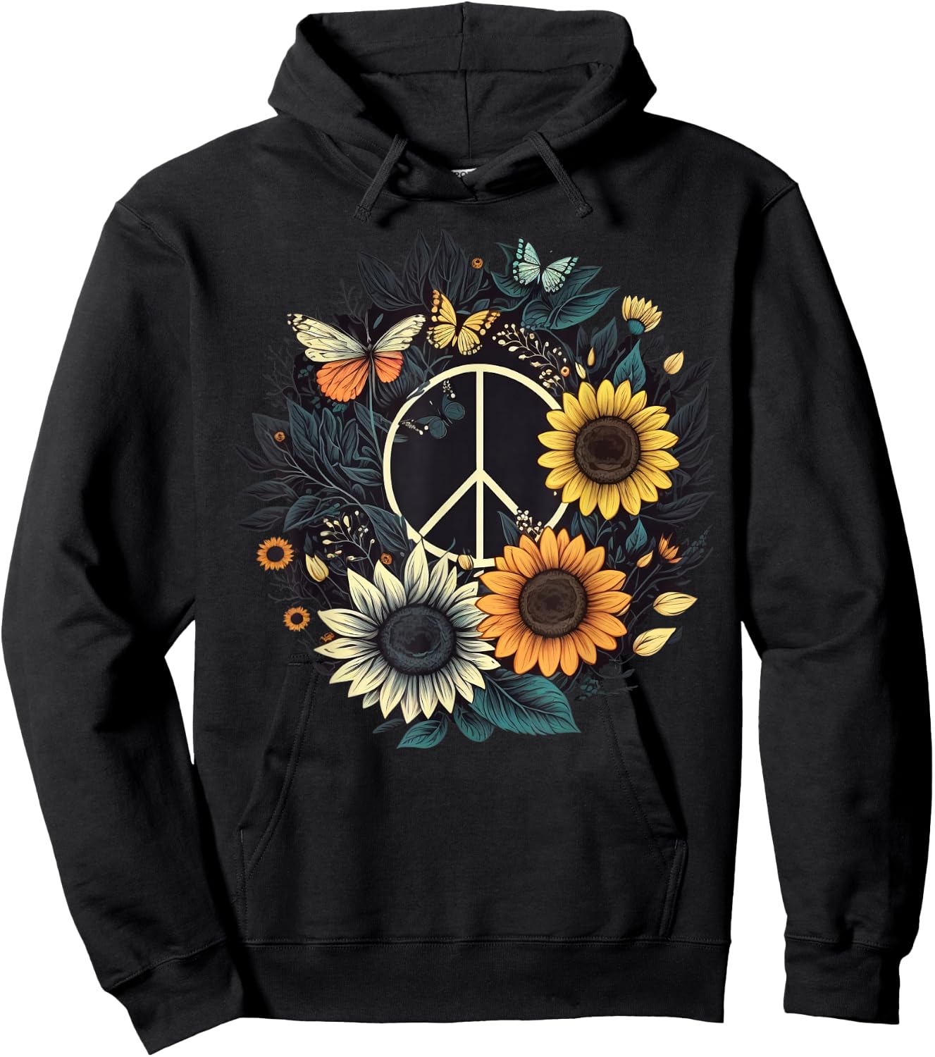 PEACE SIGN LOVE Sunflower on 60s 70s Sunflower Hippie Hoodie - Hoodie | Black