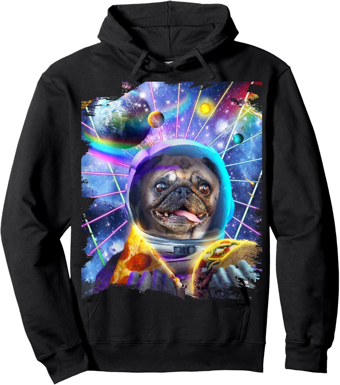 Dog Pug Astronaut In Space Eating Pizza Taco Hoodie - Hoodie | Black