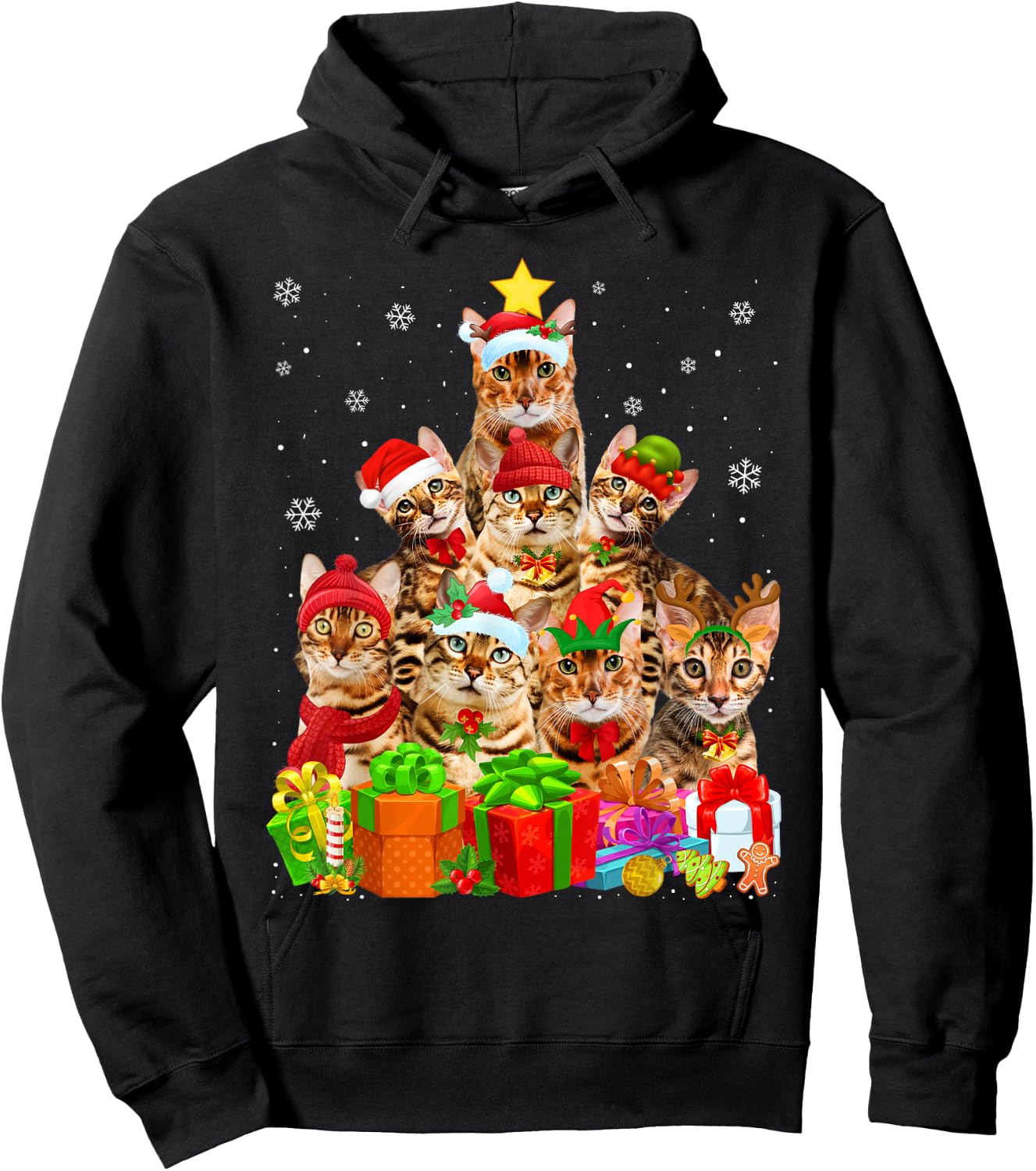 Ugly Christmas Sweater Cat Tree Funny Bengal Cat Xmas Hoodie - Hoodie | Black