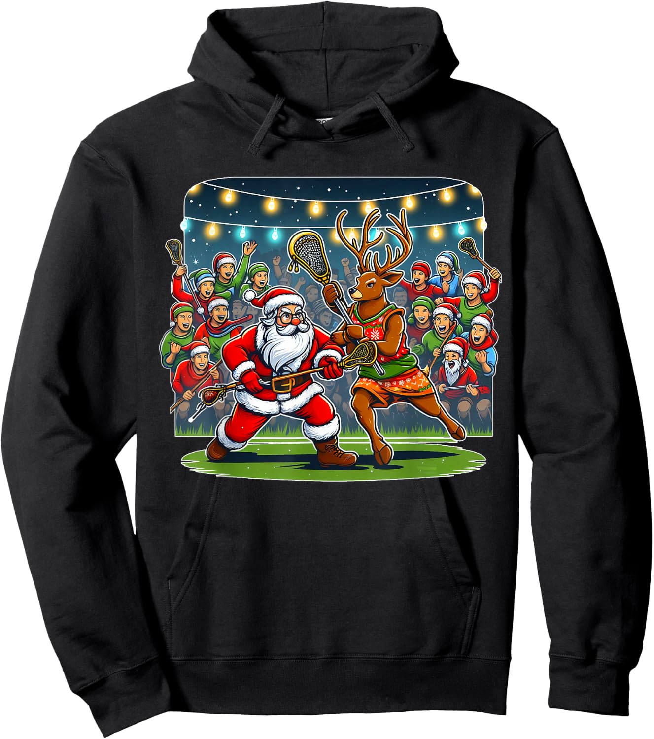 Lacrosse Player Christmas Santa Reindeer Playing Lax Graphic Hoodie - Hoodie | Black