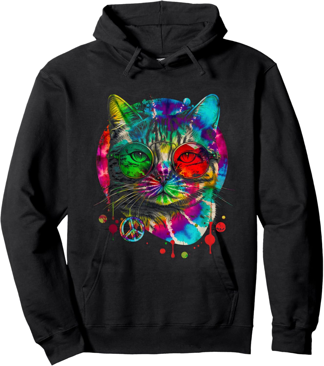 Hippie Cat Tie Dye Peace Sign 60s Psychedelic-Pet Cat Lovers Hoodie - Hoodie | Black