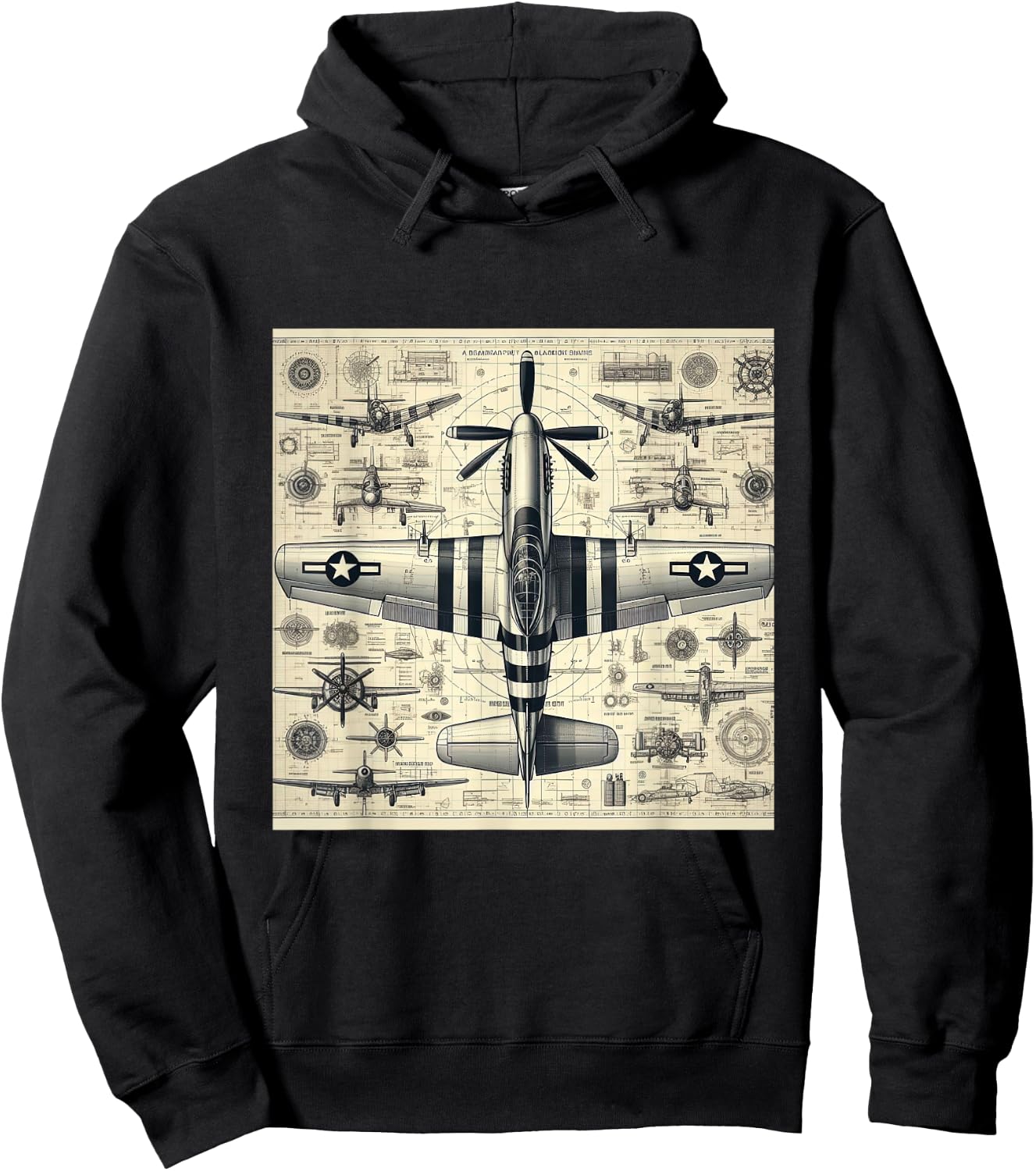 WW2 Warplane Vintage P51 Mustang Assembly Parts Blueprint Hoodie - Hoodie | Black