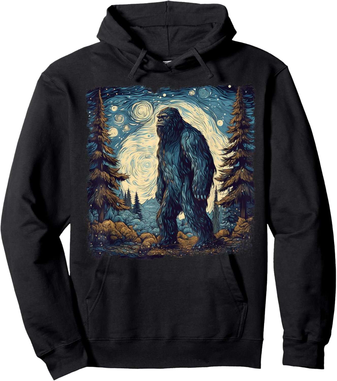 Bigfoot Starry Night Sasquatch Van Gogh Painting Hoodie - Hoodie | Black