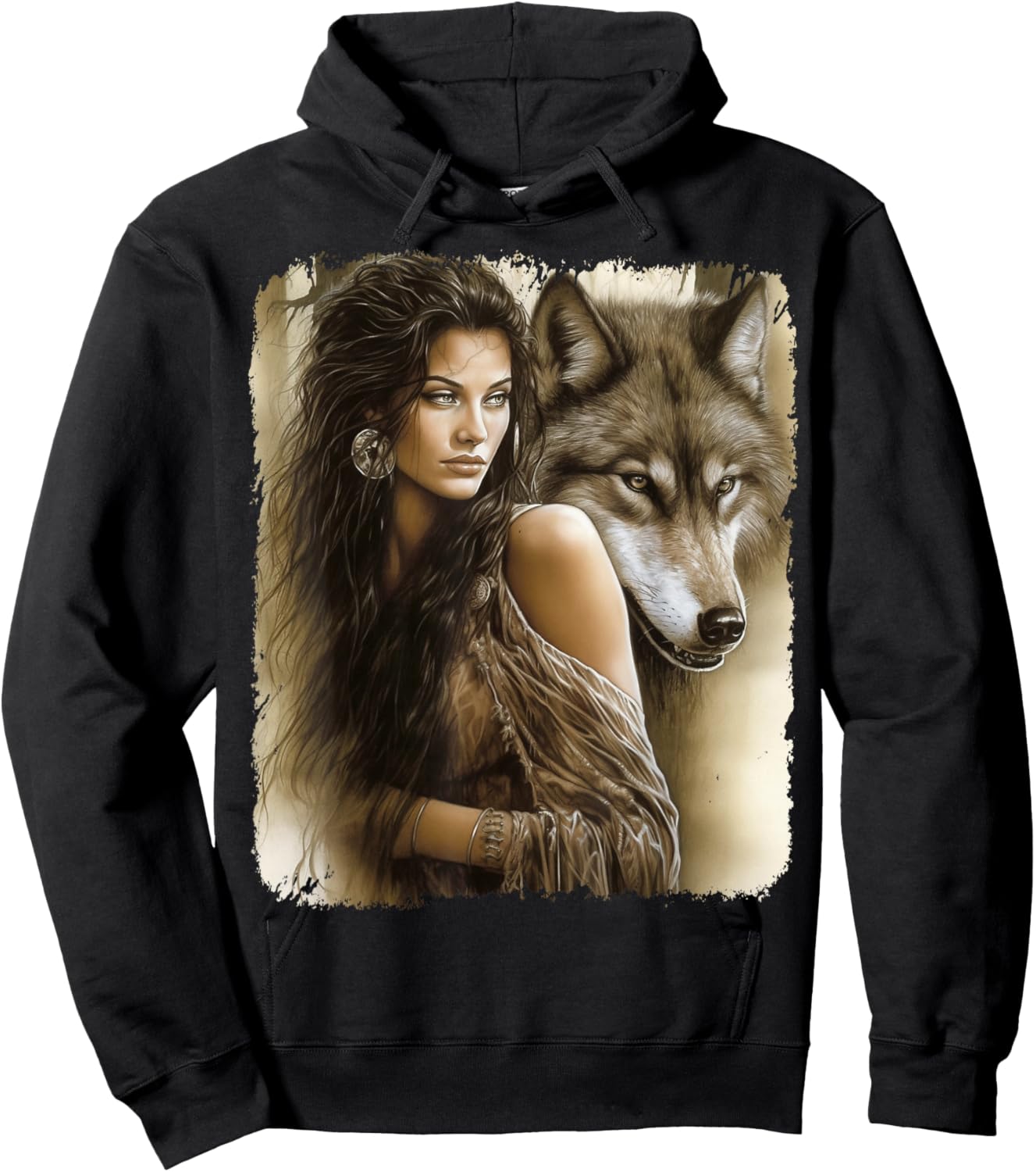 Woman and Grey Wolf Fantasy Hoodie - Hoodie | Black