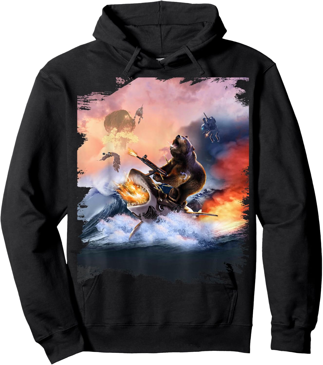 Bear Riding Shark Funny Hoodie - Hoodie | Black