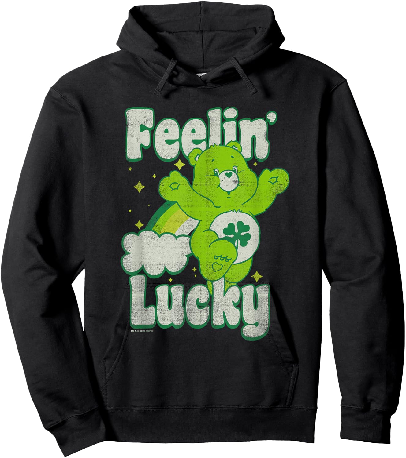 Care Bears Good Luck Bear Jumping Feelin Lucky Distressed Hoodie - Hoodie | Black