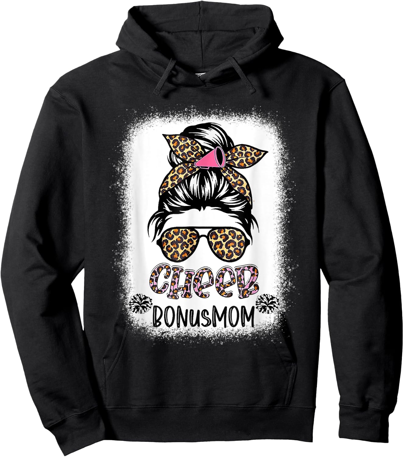 Cheer Bonus Mom Leopard Messy Bun Cheerleader Bleached Hoodie - Hoodie | Black