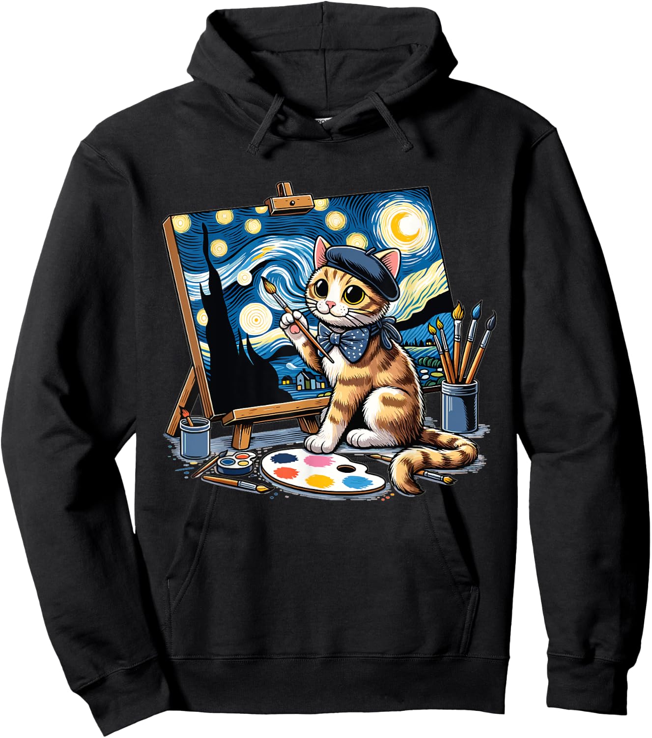 Funny Cute Cat Drawing Starry Night Painting Art For Artist Hoodie - Hoodie | Black