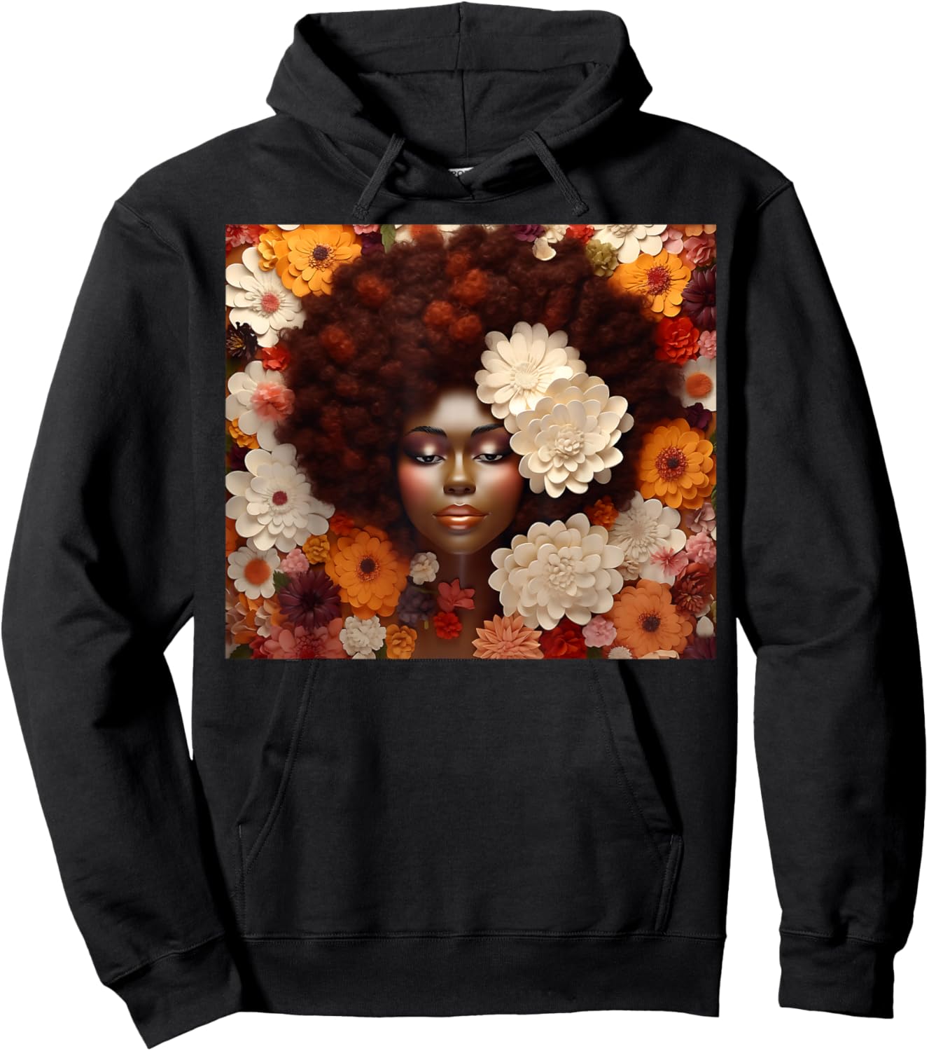 Afro Woman Floral Black Queen Puff Art Melanin Orange White Hoodie - Hoodie | Black