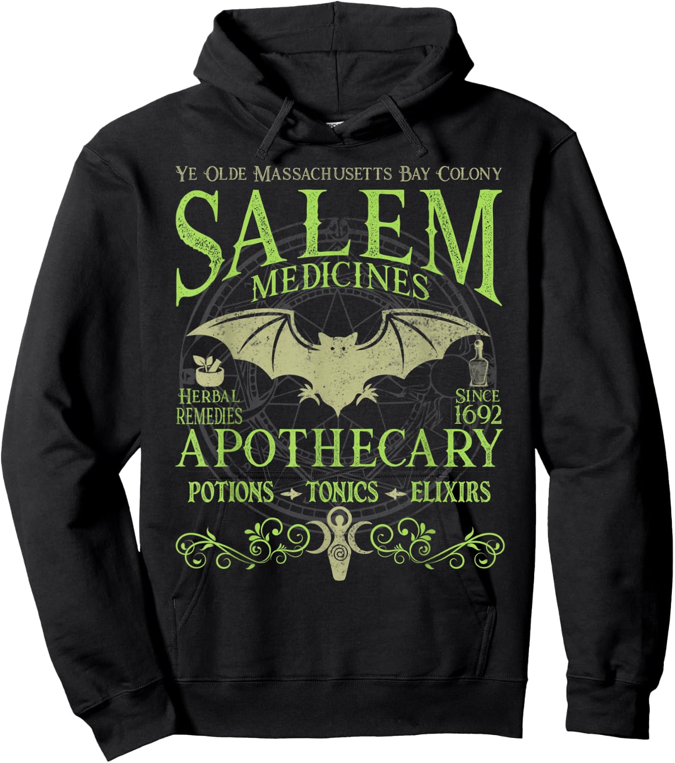 Salem Apothecary Herbalist Witch Wiccan Green Bat Hoodie - Hoodie | Black