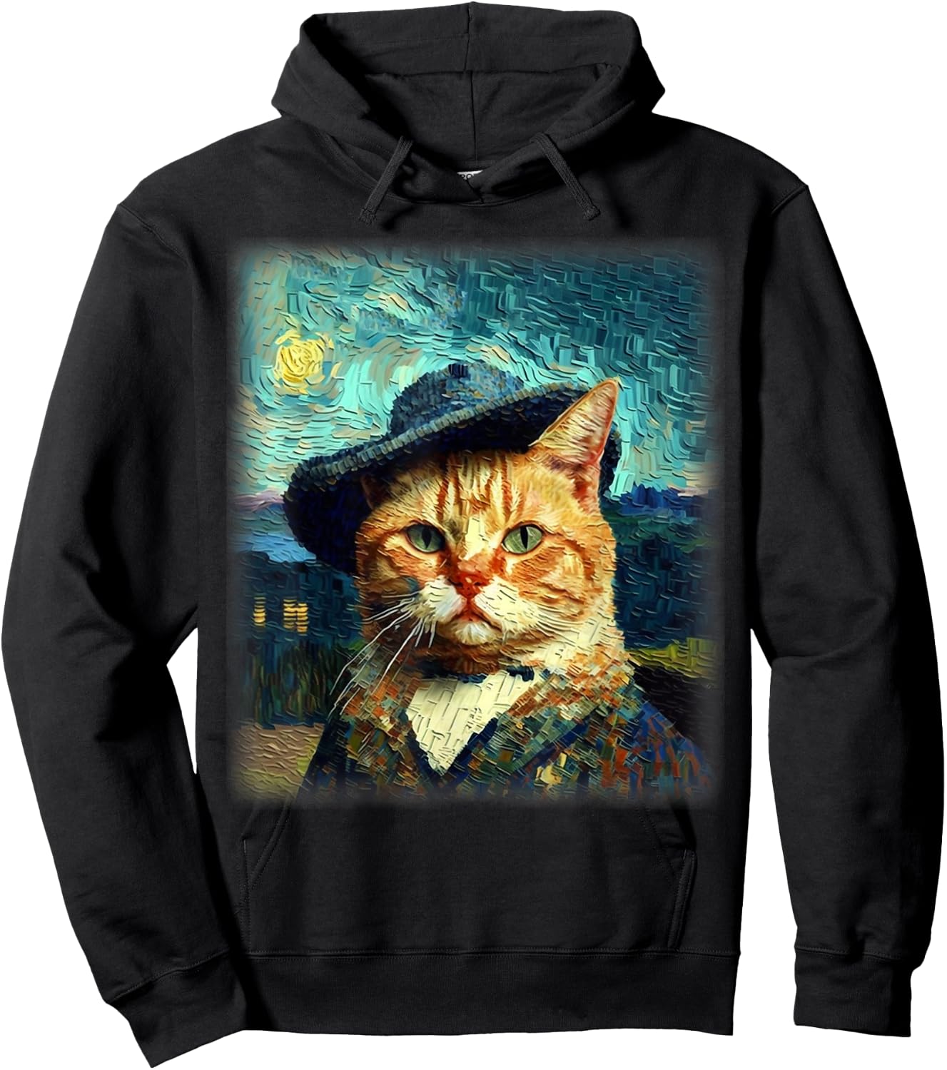 Starry Night Cat, Van Gogh Cat, Cat Mom, Cat Dad, Cat Lover Hoodie - Hoodie | Black