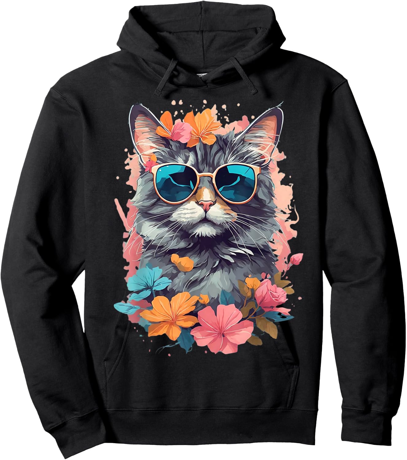 Sunglasses Tabby Cat Shirt for Girls Floral Flowers Graphic Hoodie - Hoodie | Black