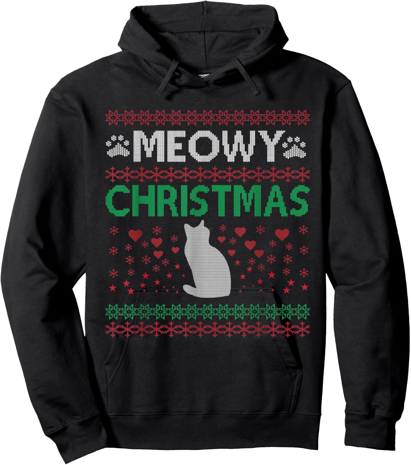 Meowy Cat Christmas Ugly Sweater Men Women Kids Hoodie - Hoodie | Black