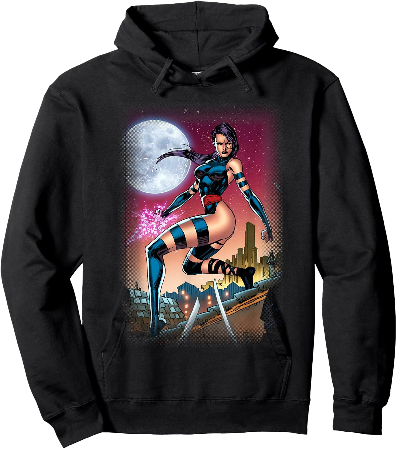 Marvel X-Men Psylocke Epic Rooftop At Night Portrait Hoodie - Hoodie | Black