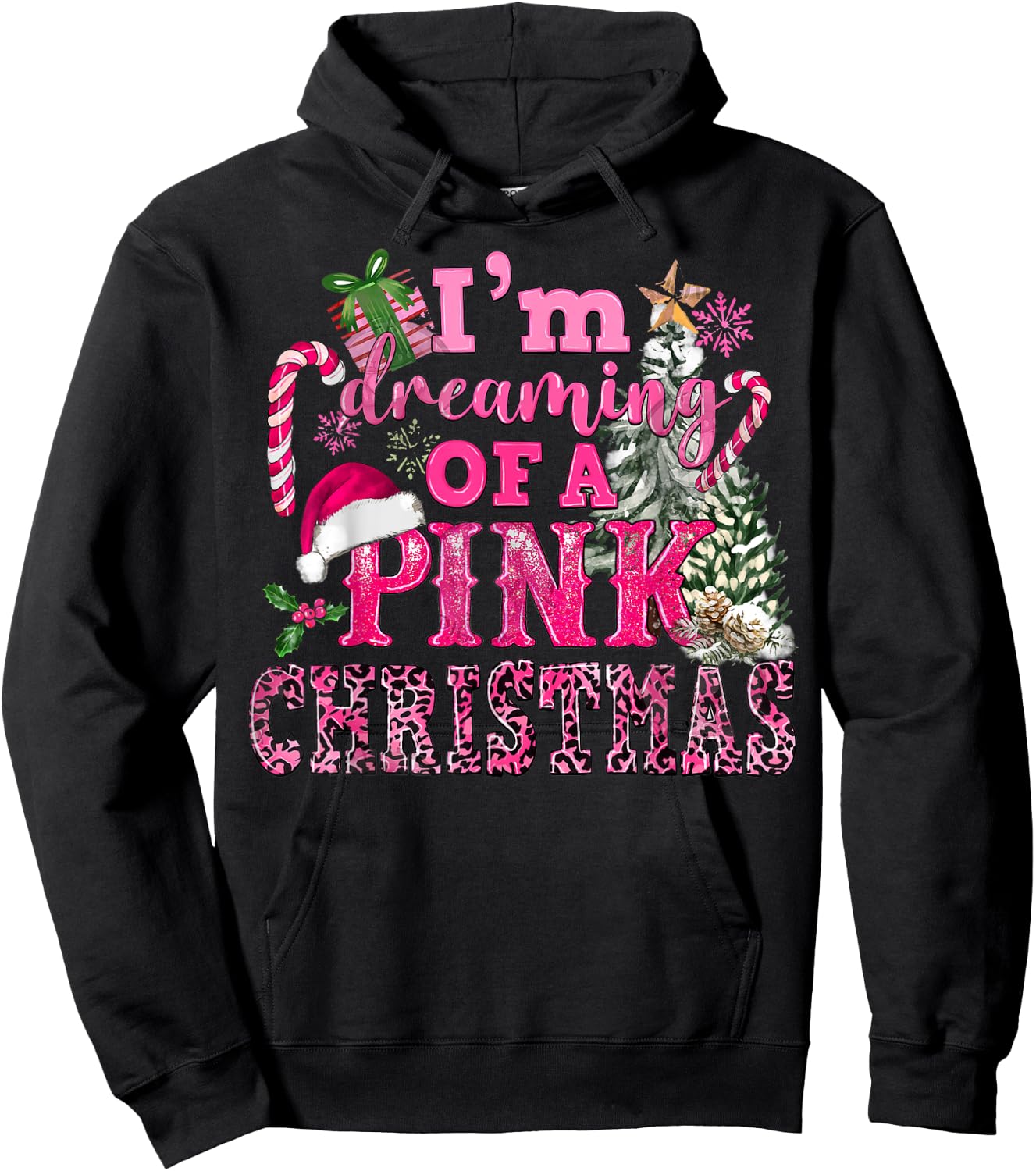 I'm Dreaming Of A Pink Christmas Tree Lights Candy Cane Hoodie - Hoodie | Black