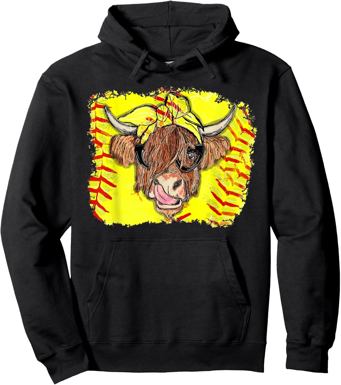 Softball Highland Cow With Bandana Glasses Happy Mother's Hoodie - Hoodie | Black