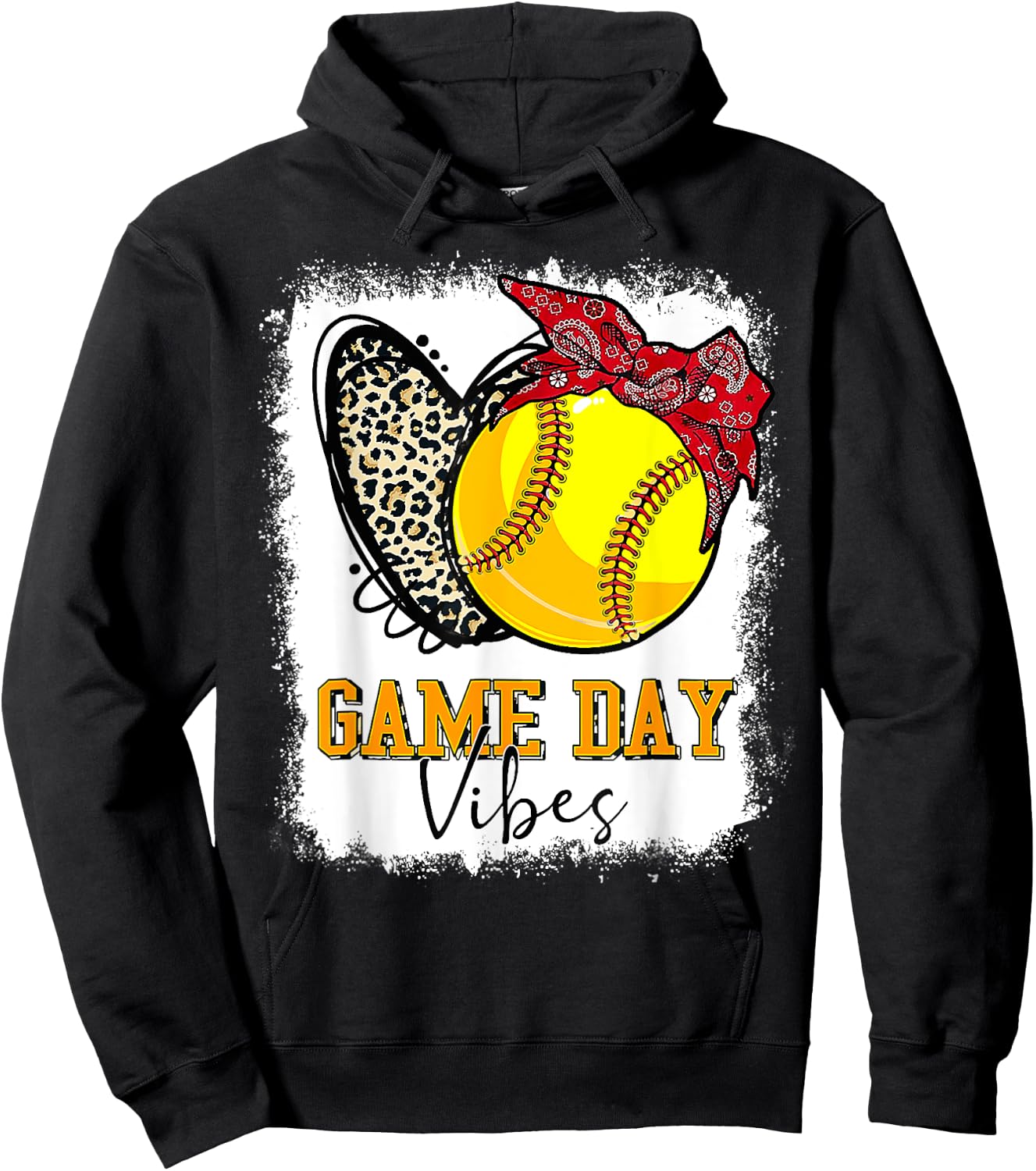 Softball Game Day Vibes Leopard Heart Headband Mom Bleached Hoodie - Hoodie | Black