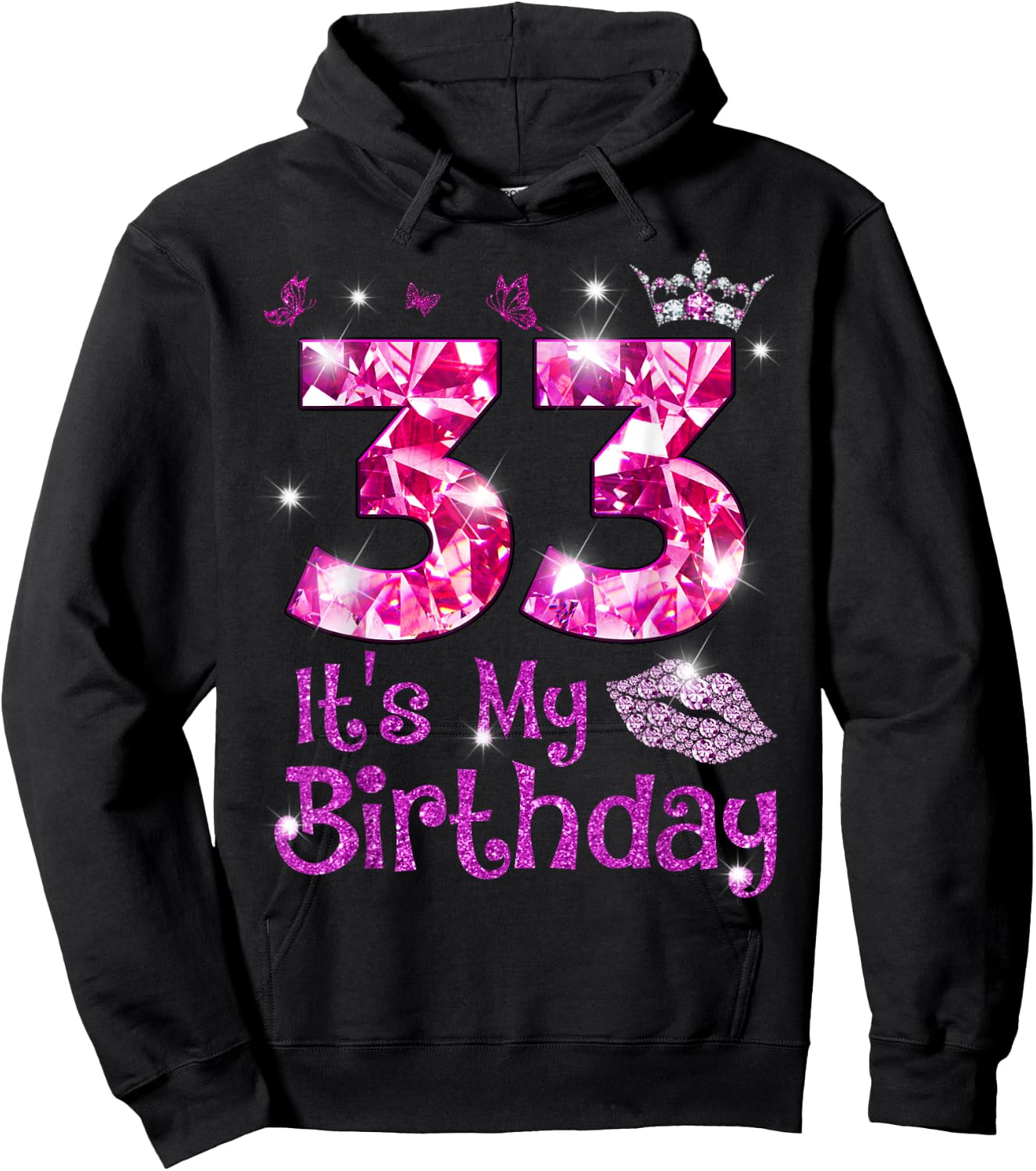 Vintage Happy 33 It's My Birthday Crown Lips 33rd Birthday Hoodie - Hoodie | Black