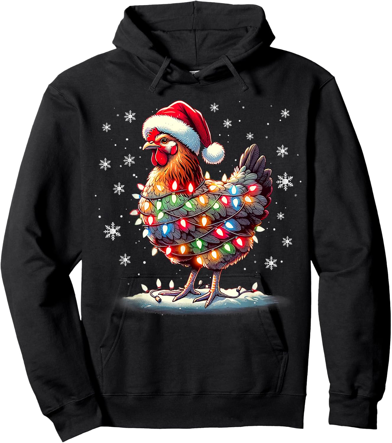 Chicken Santa Christmas Light Funny Xmas Chicken Pajamas Hoodie - Hoodie | Black