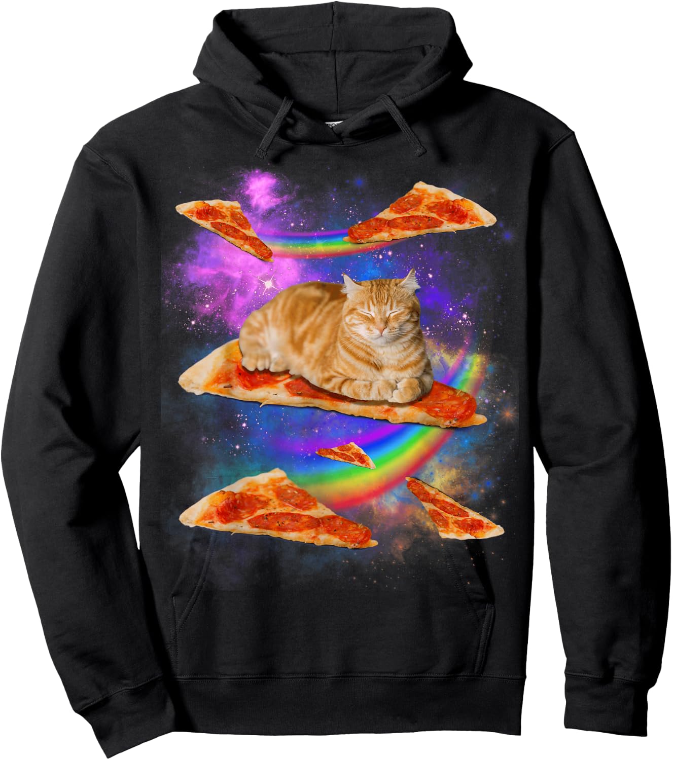 Funny Galaxy Cat in Space, Cat Riding Pizza Hoodie - Hoodie | Black