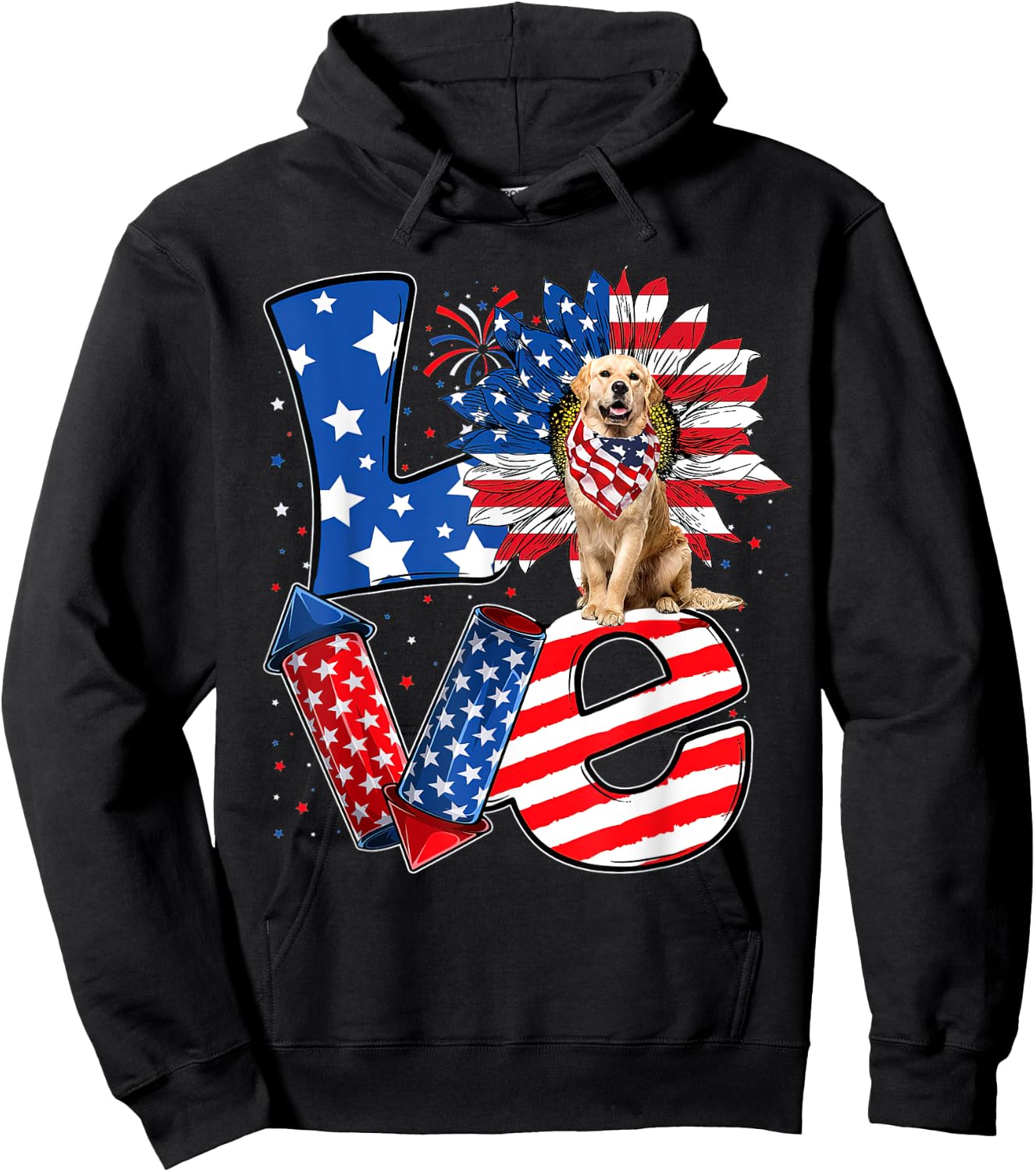 4th of July Decor Patriotic LOVE Golden Retriever Dog USA Hoodie - Hoodie | Black