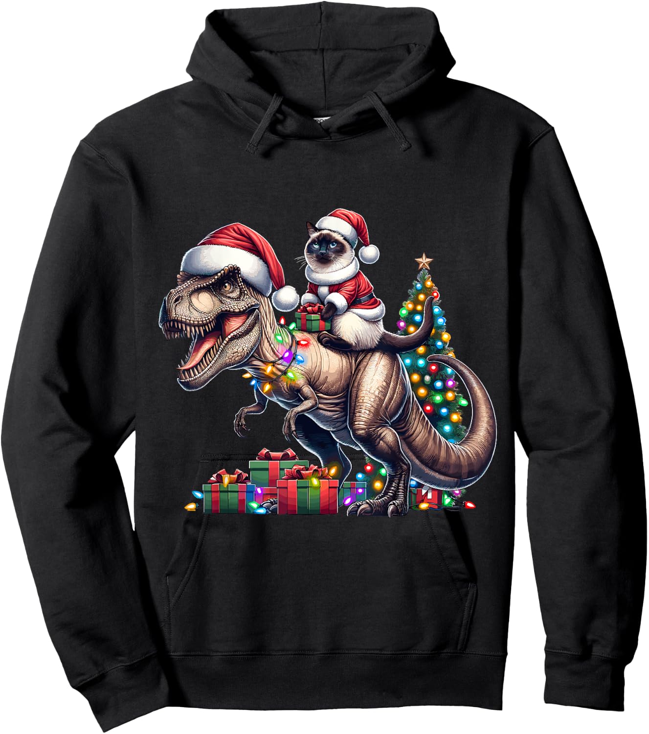 Siamese Cat Rides Festive T-Rex Santa For siamese cat Owners Hoodie - Hoodie | Black