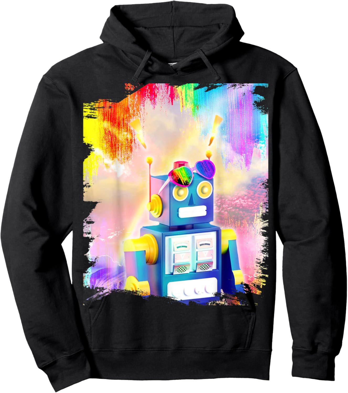 Rainbow robot wearing glasses heart love Hoodie - Hoodie | Black