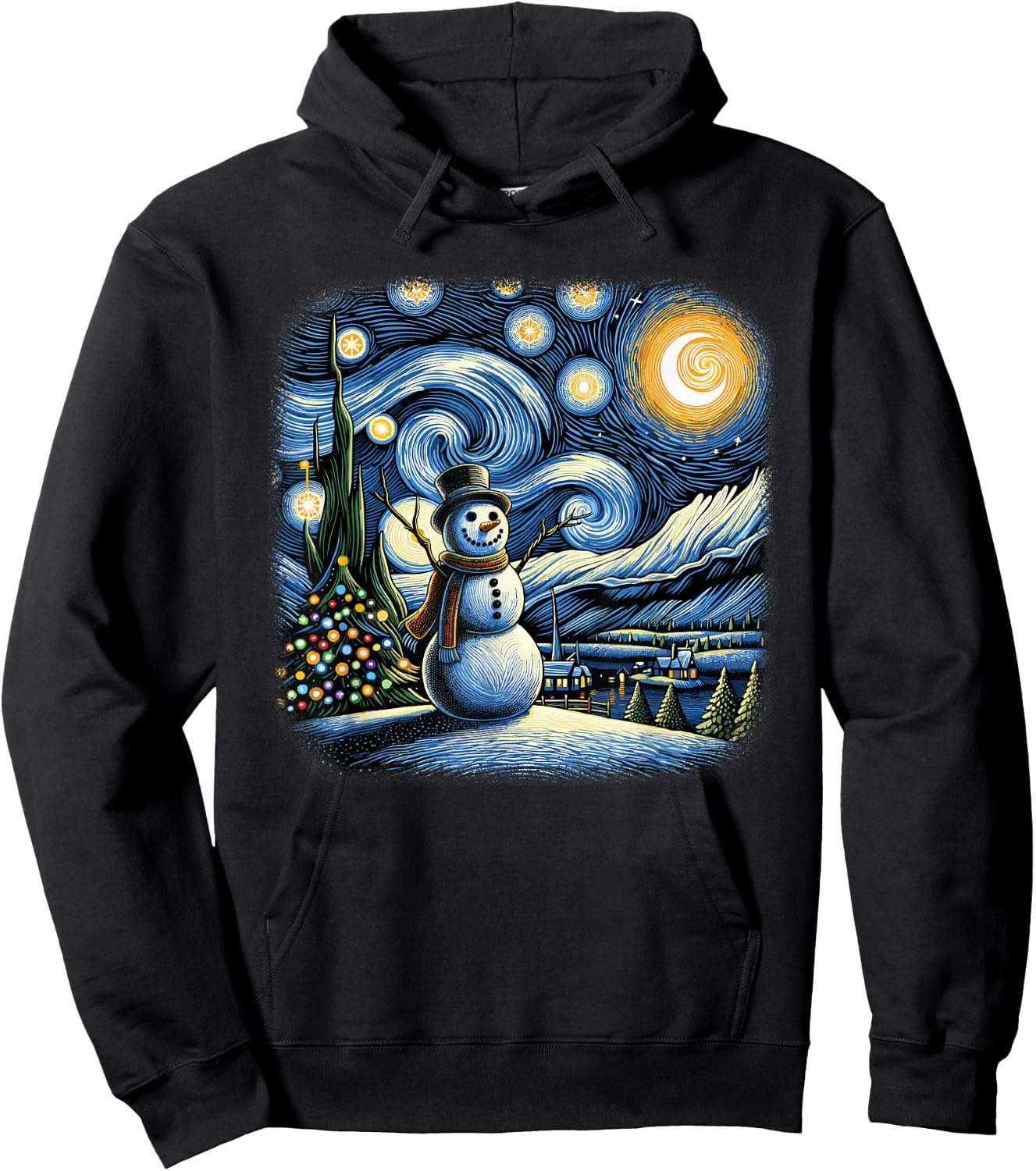 Van Gogh Starry Night Christmas Snowman Winter Snowy Night Hoodie - Hoodie | Black