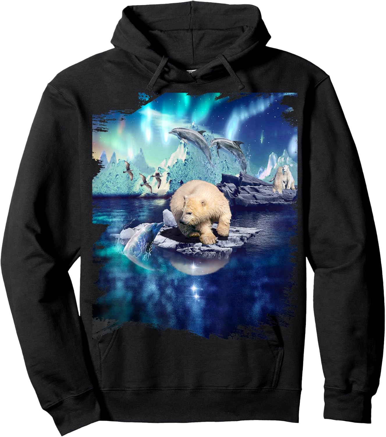 Dolphin and Northern Polar Bear, Lights and Dolphins Hoodie - Hoodie | Black