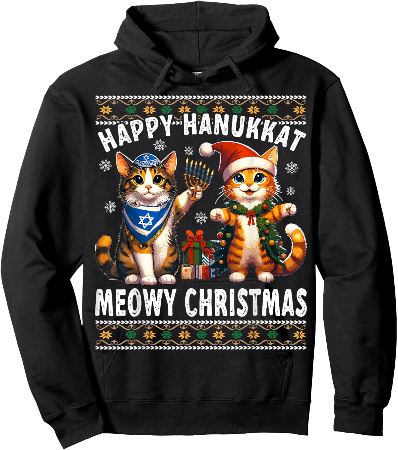 Cat Merry Christmas Happy Hanukkah Jewish Christian Hoodie - Hoodie | Black