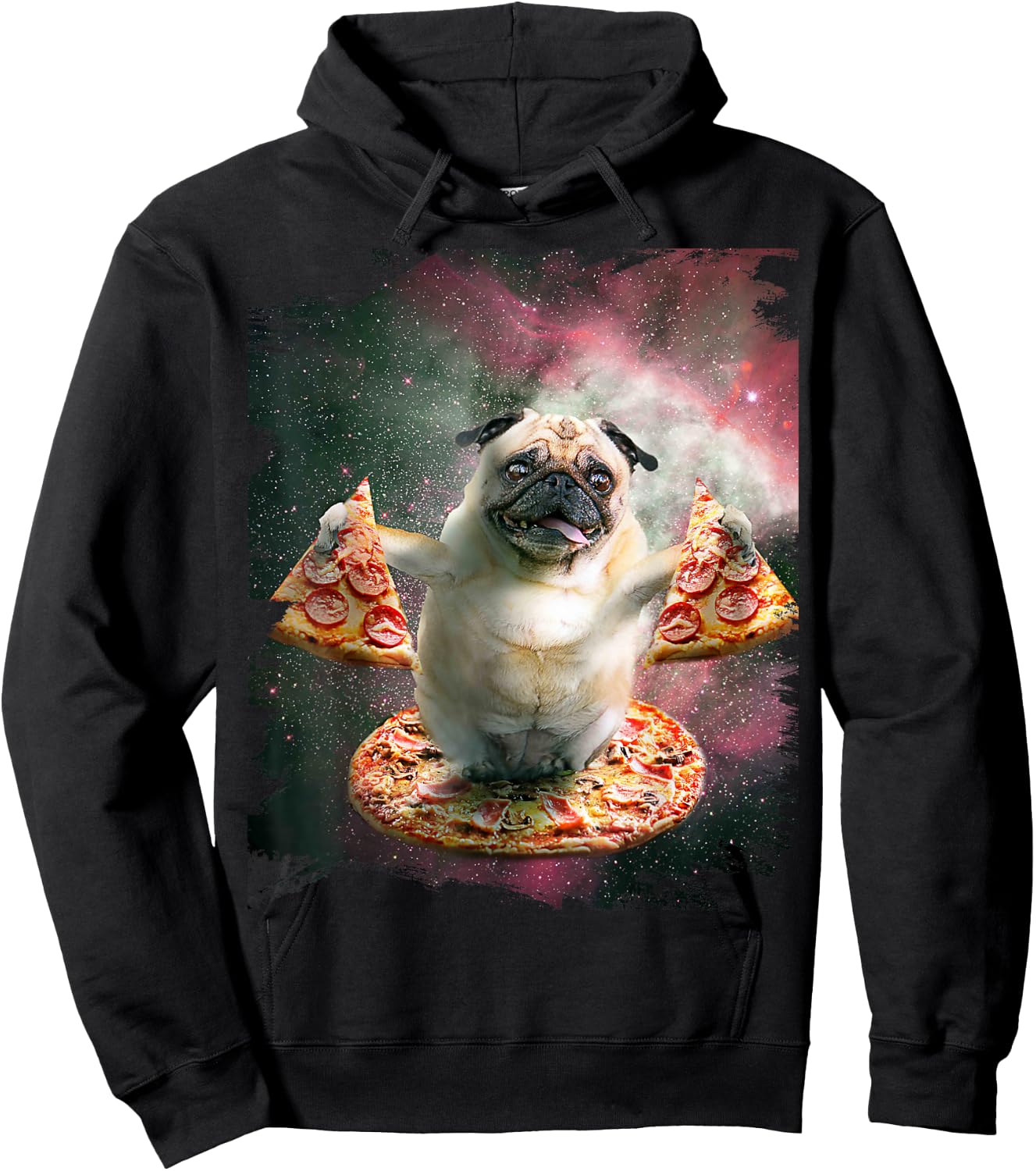 Random Galaxy Funny Pug Dog with Pizza Hoodie - Hoodie | Black