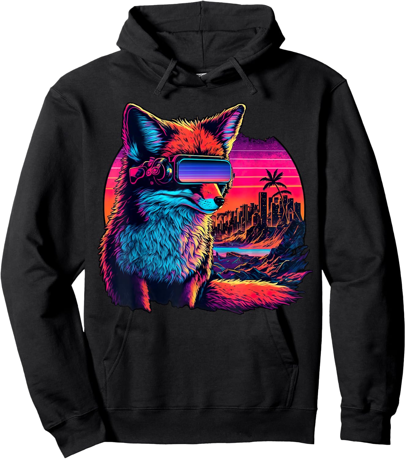 Synthwave Fox with Neon Sunset and Retro Futuristic Vibes Hoodie - Hoodie | Black