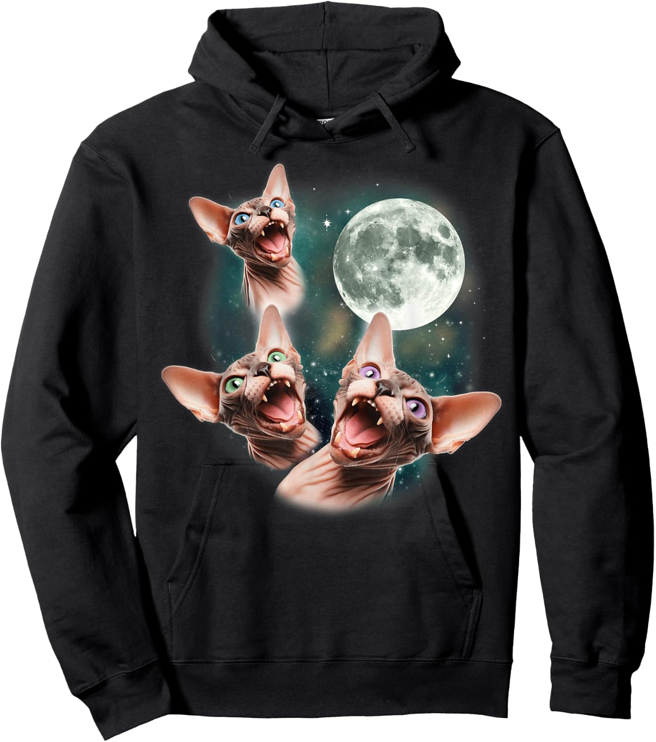 Three Sphynx Moon | 3 Hairless Cats Howling Cursed Wolf Meme Women Kids Hoodie - Hoodie | Black