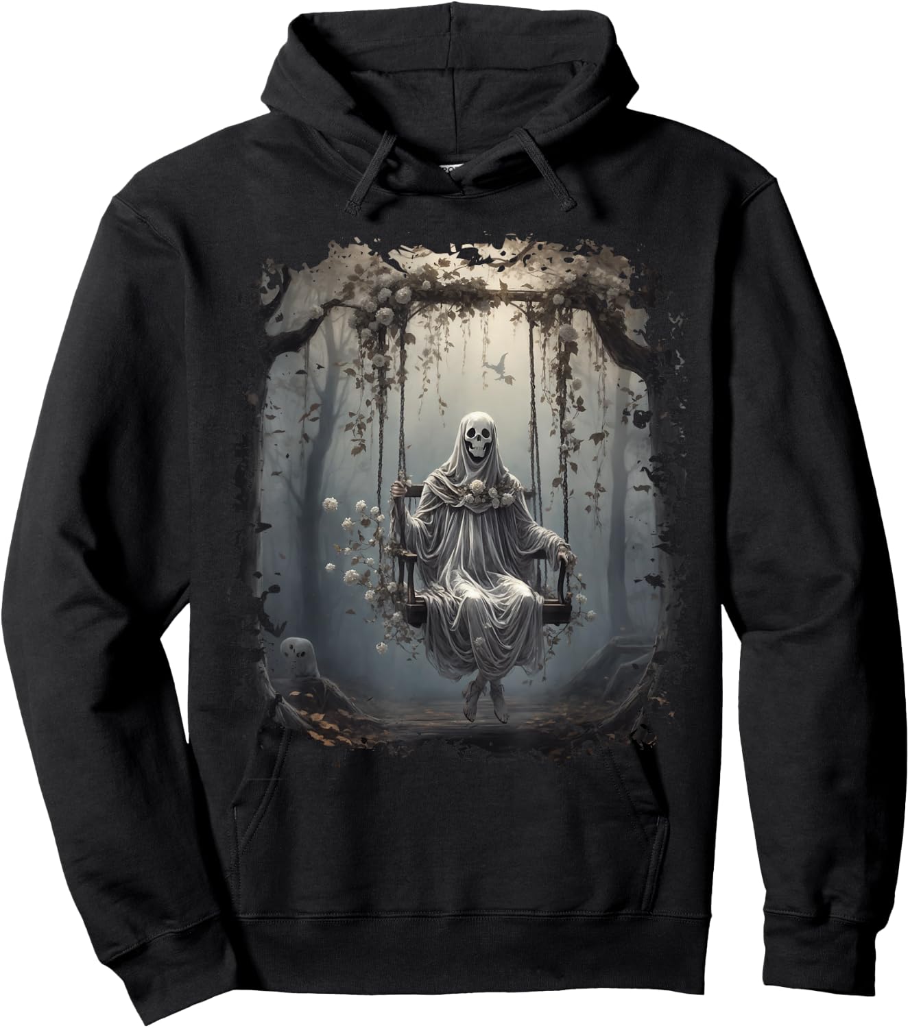 Vintage Floral Ghost On Swing In Forest Halloween Gothic Hoodie - Hoodie | Black