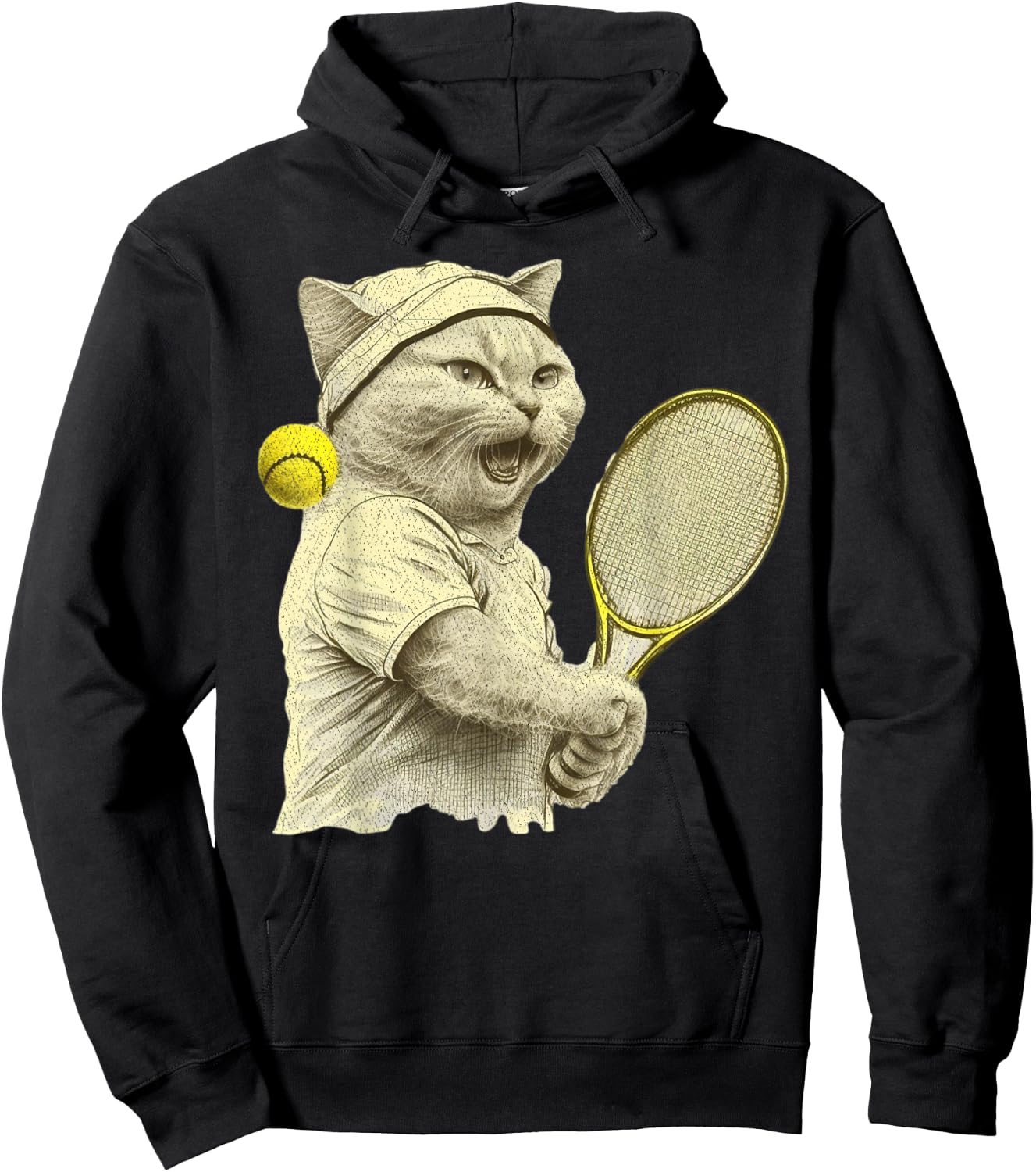 Vintage Cat Playing Tennis, Tennis Racquet, Kitties Lover Hoodie - Hoodie | Black