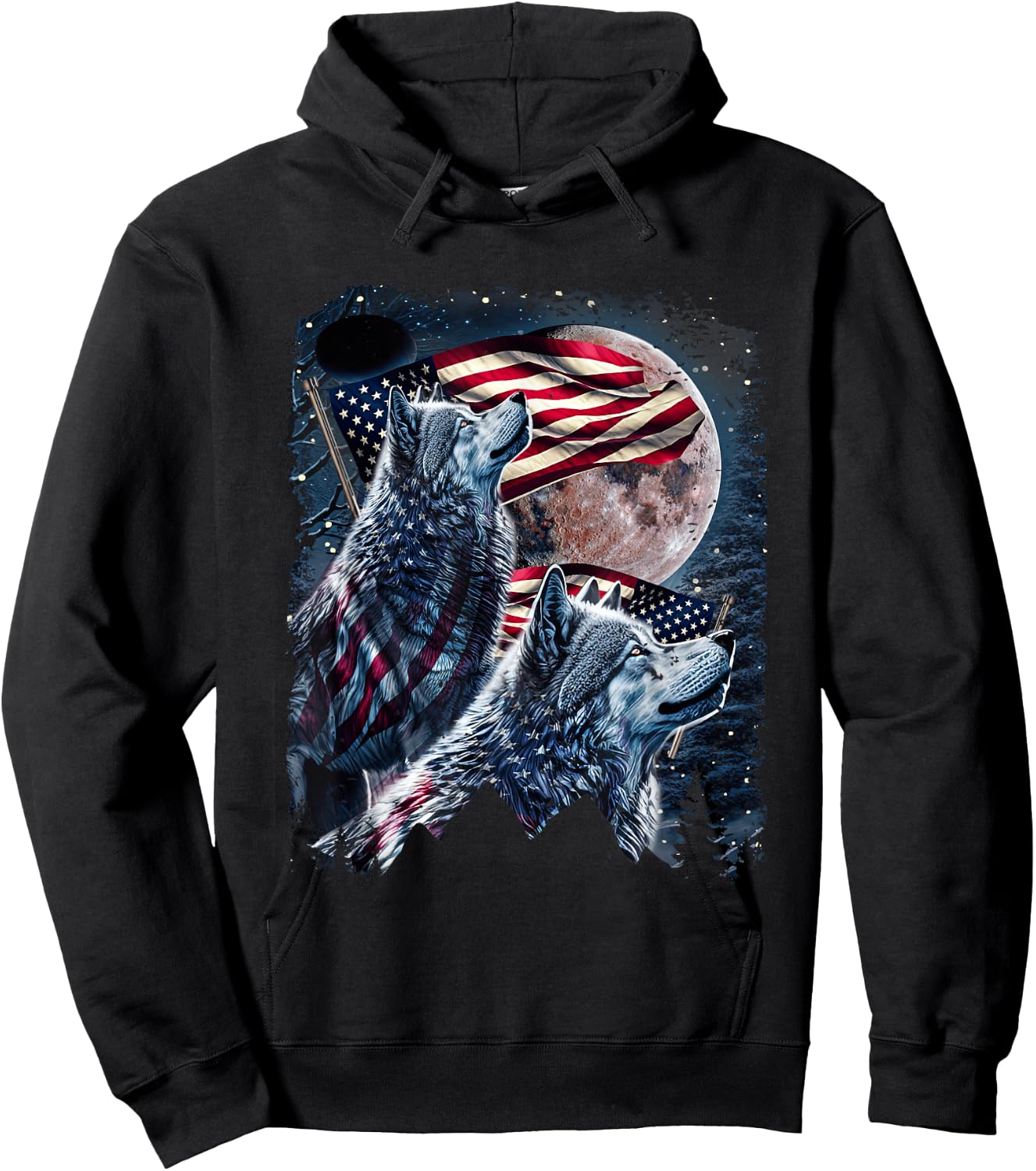 Wolf 4th of July American Flag Howling Wolves Under Moon Hoodie - Hoodie | Black