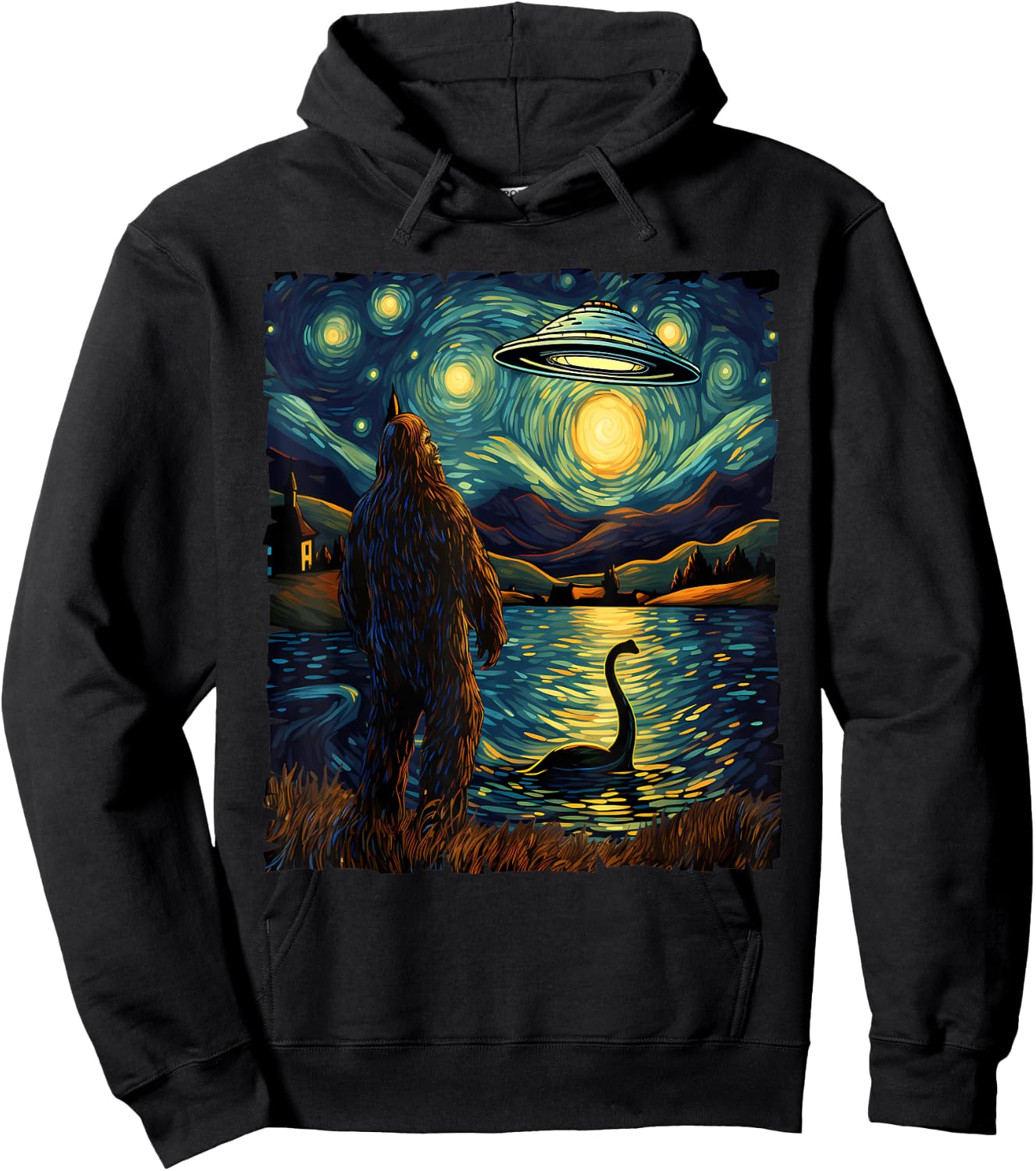 Funny Bigfoot UFO and Nessie Van Gogh Starry Night Painting Hoodie - Hoodie | Black