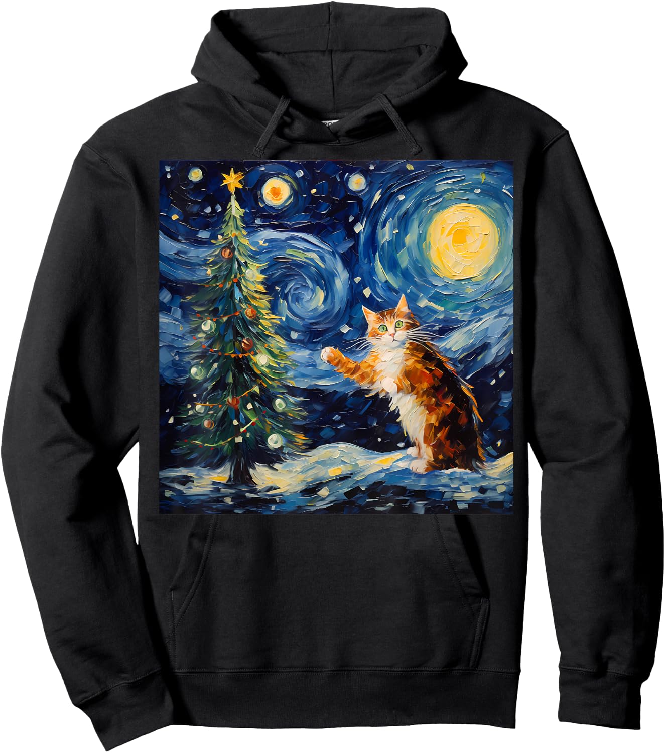 Funny Starry Night Christmas Kitty Kitten Xmas Tree Novelty Hoodie - Hoodie | Black
