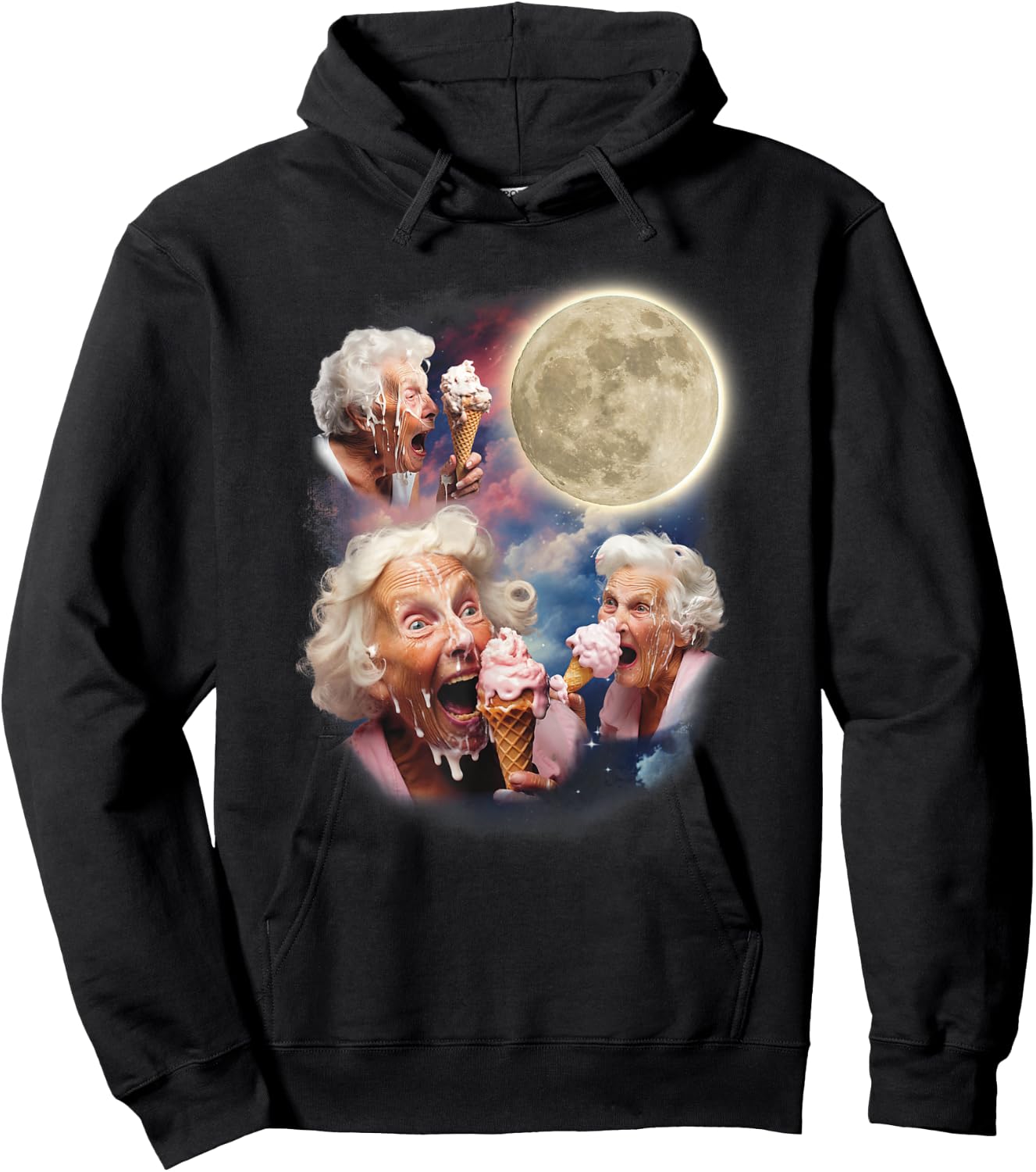 Three Granny Moon Old Ladies Licking Ice Cream Embarrassing Hoodie - Hoodie | Black