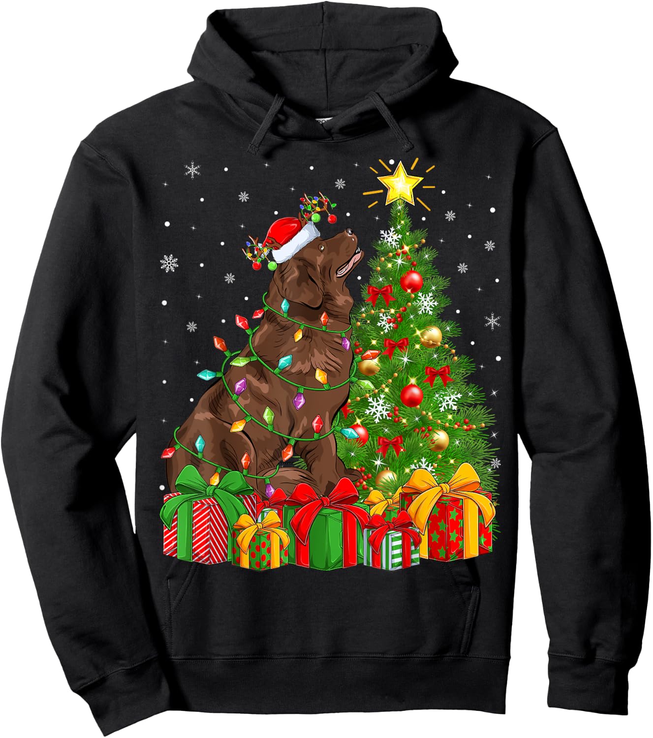 Xmas Tree Lighting Santa Newfoundland Dog Christmas Men Women Kids Hoodie - Hoodie | Black