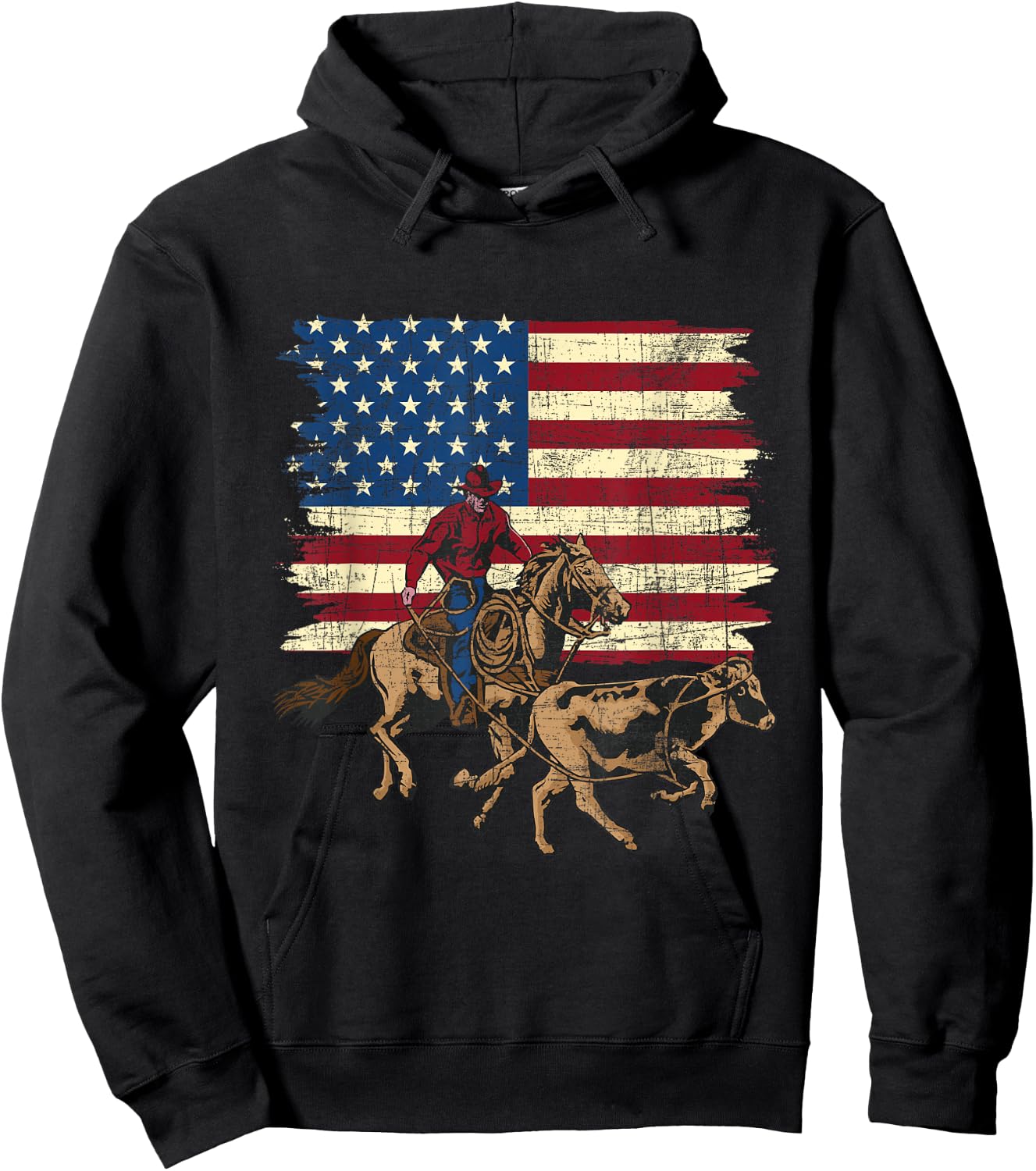 Team Roping - USA Flag Rodeo Equestrian Header Heeler Roper Hoodie - Hoodie | Black