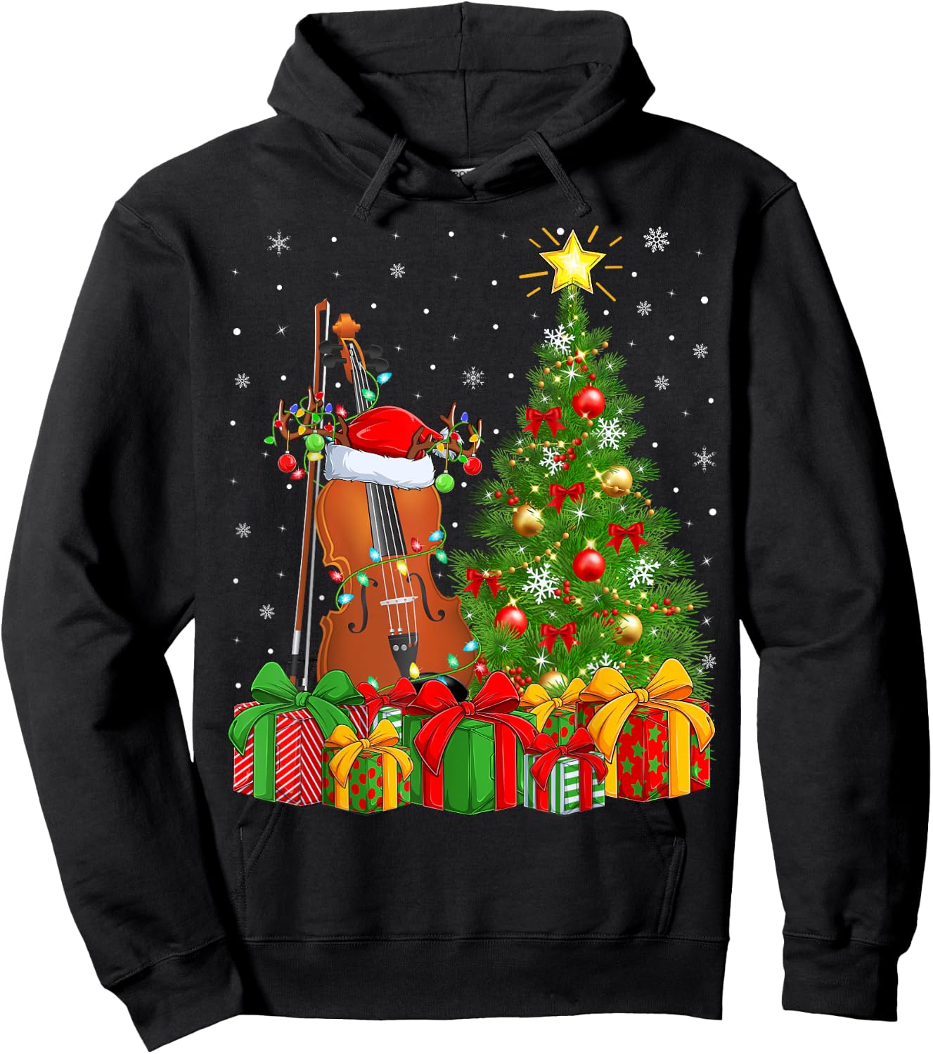 Musical Violin Xmas Tree Lighting Santa Violin Christmas Hoodie - Hoodie | Black