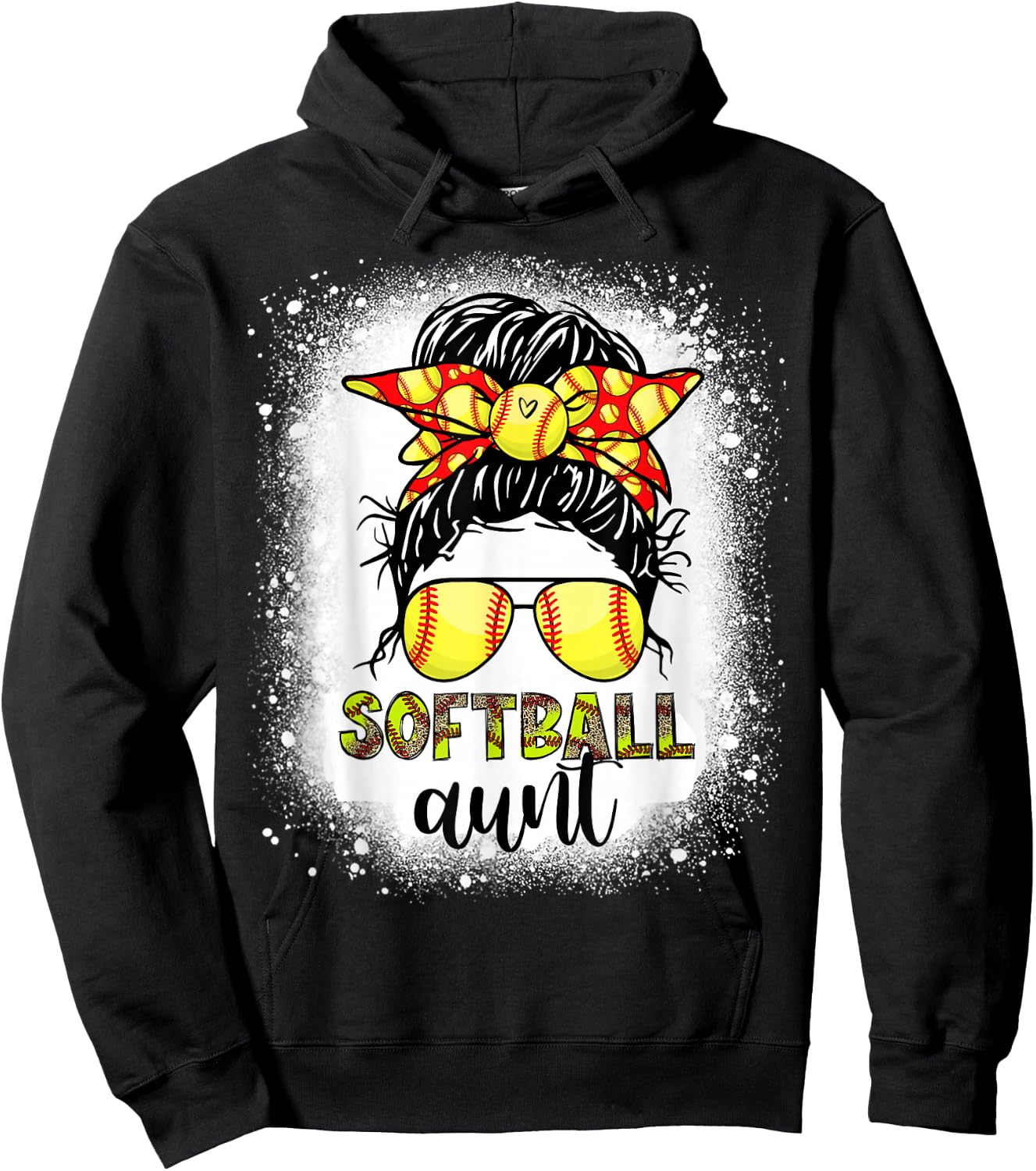 Softball Aunt Messy Bun Leopard Bleached Softball Auntie Hoodie - Hoodie | Black