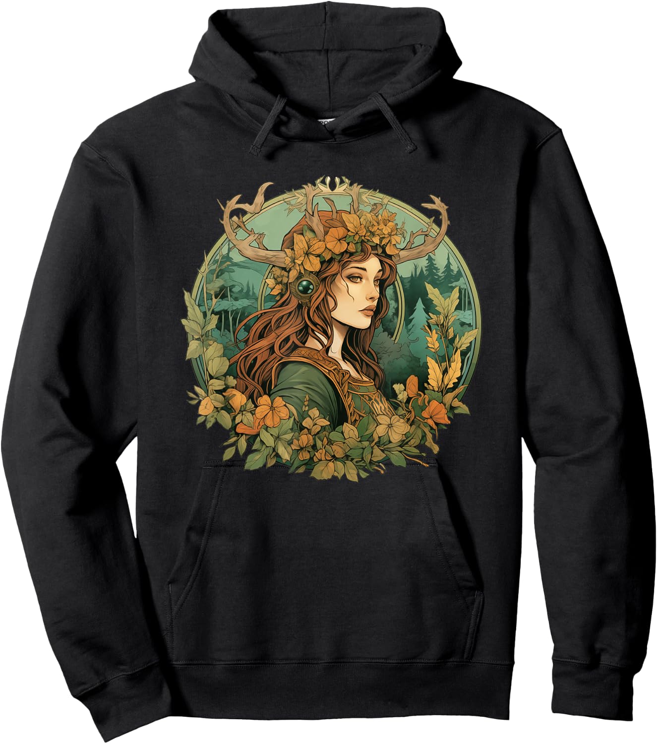 Art Nouveau Female Druid Adventurer Wanderer Nature Roleplay Hoodie - Hoodie | Black