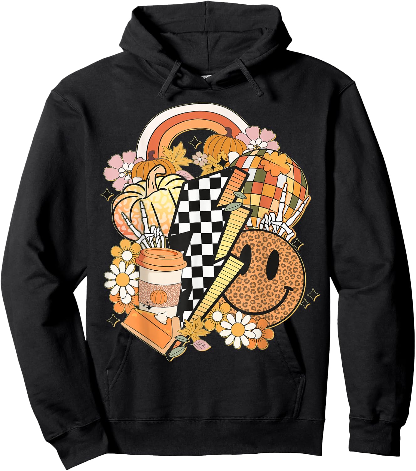 Groovy Fall Vibes Smile Face Autumn Coffee Cup Fall Women Hoodie - Hoodie | Black