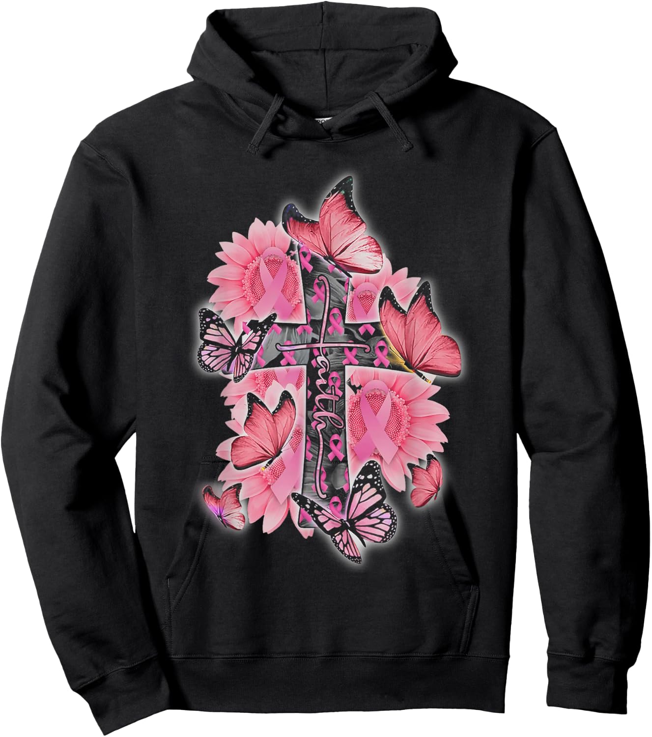 Faith Pink Ribbon Butterflies Breast Cancer Awareness Women Hoodie - Hoodie | Black