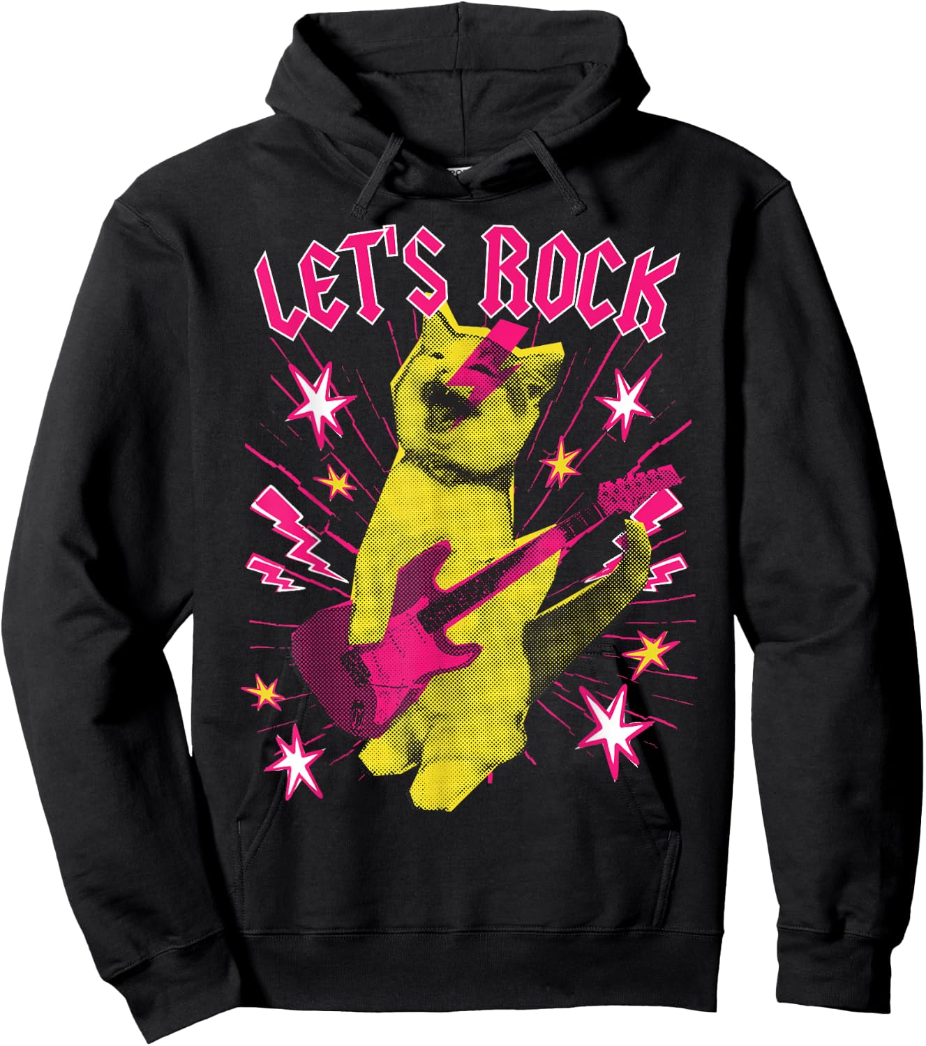 80s Rock N Roll Girl Cat, Let's Rock Hoodie - Hoodie | Black