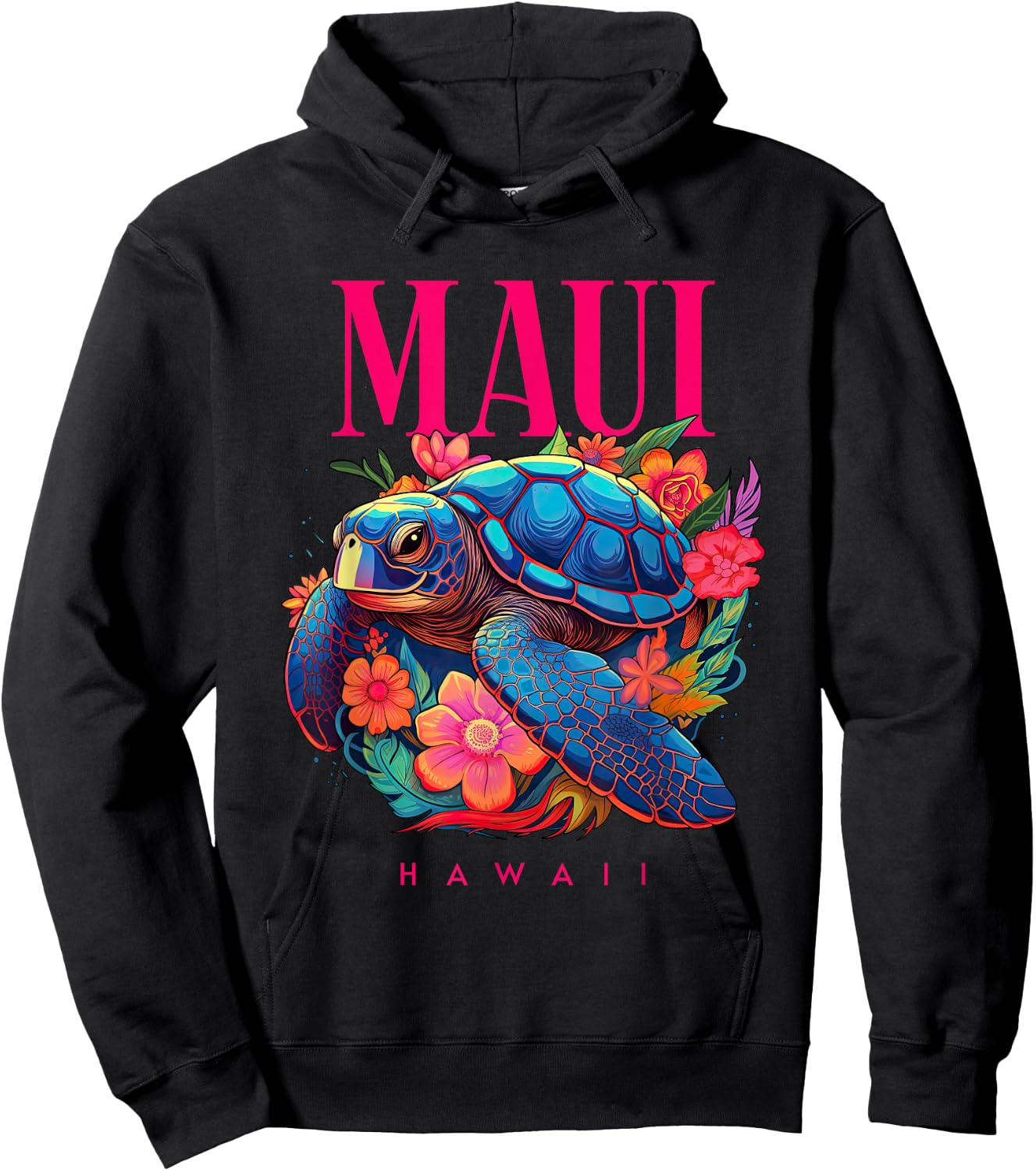 Maui Hawaii Floral Beach Turtle Souvenir Women Kids Hoodie - Hoodie | Black