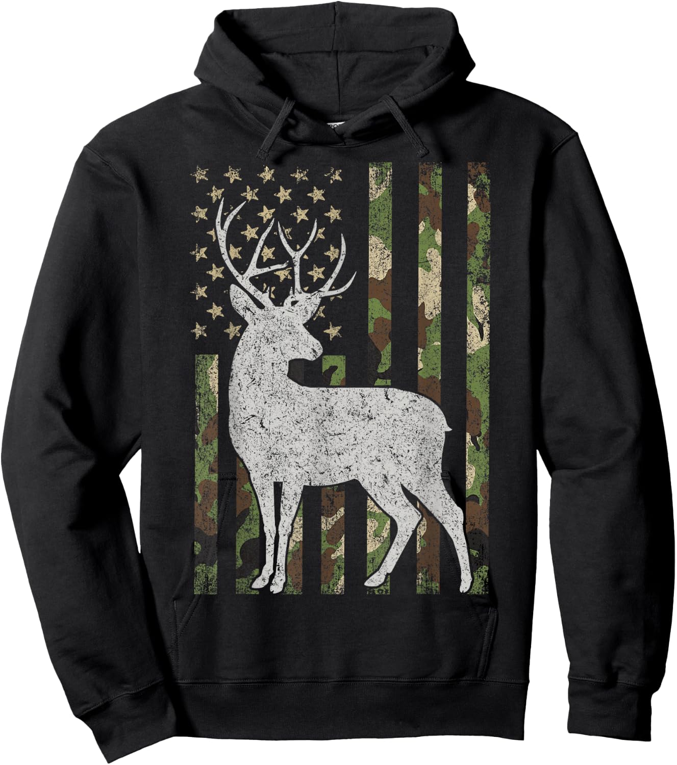 Whitetail Buck Deer Hunting Camouflage USA Flag 4th of July Hoodie - Hoodie | Black