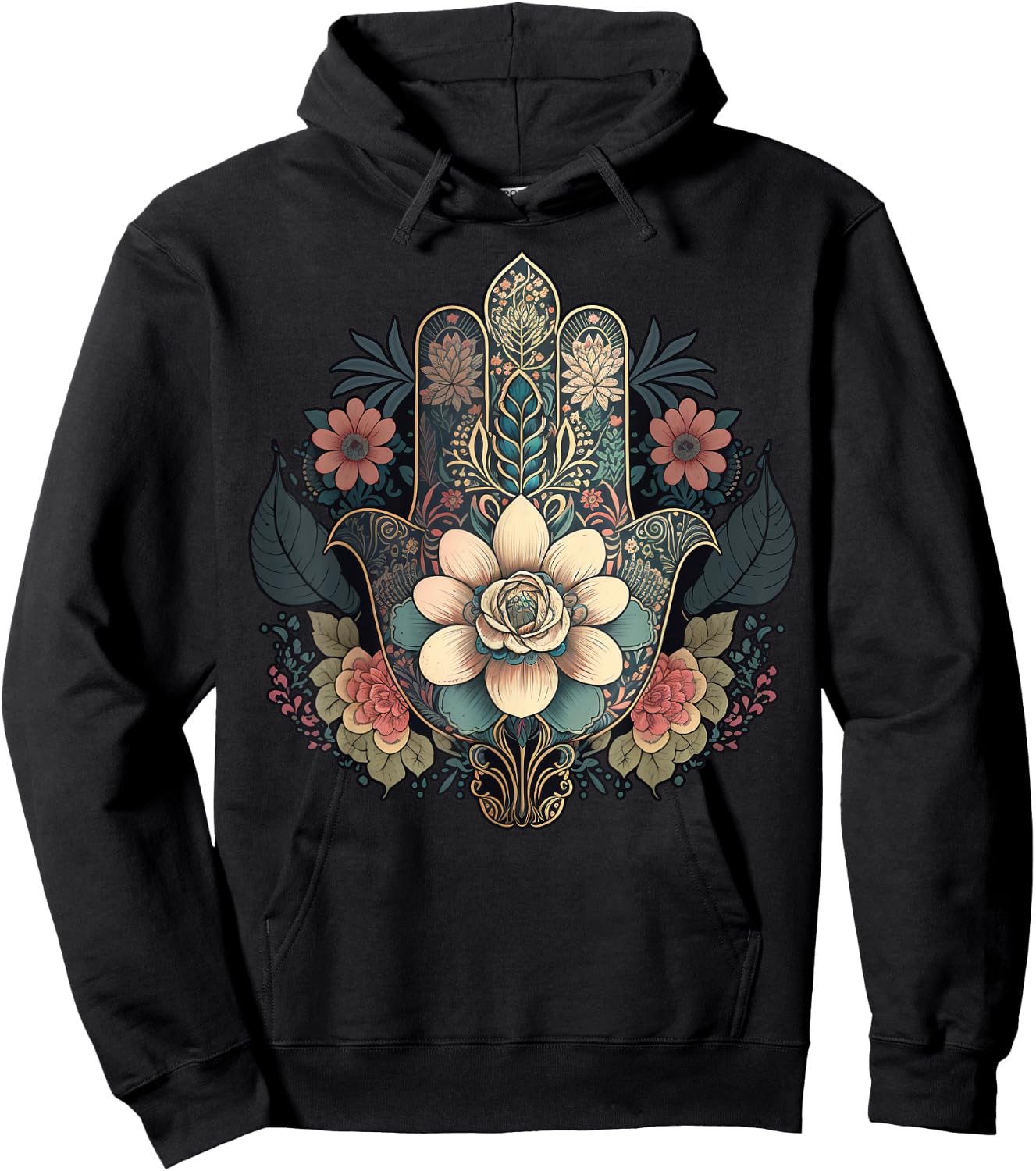 Khamsah or flower Hand of Fatima on floral Hamsa Hand Hoodie - Hoodie | Black